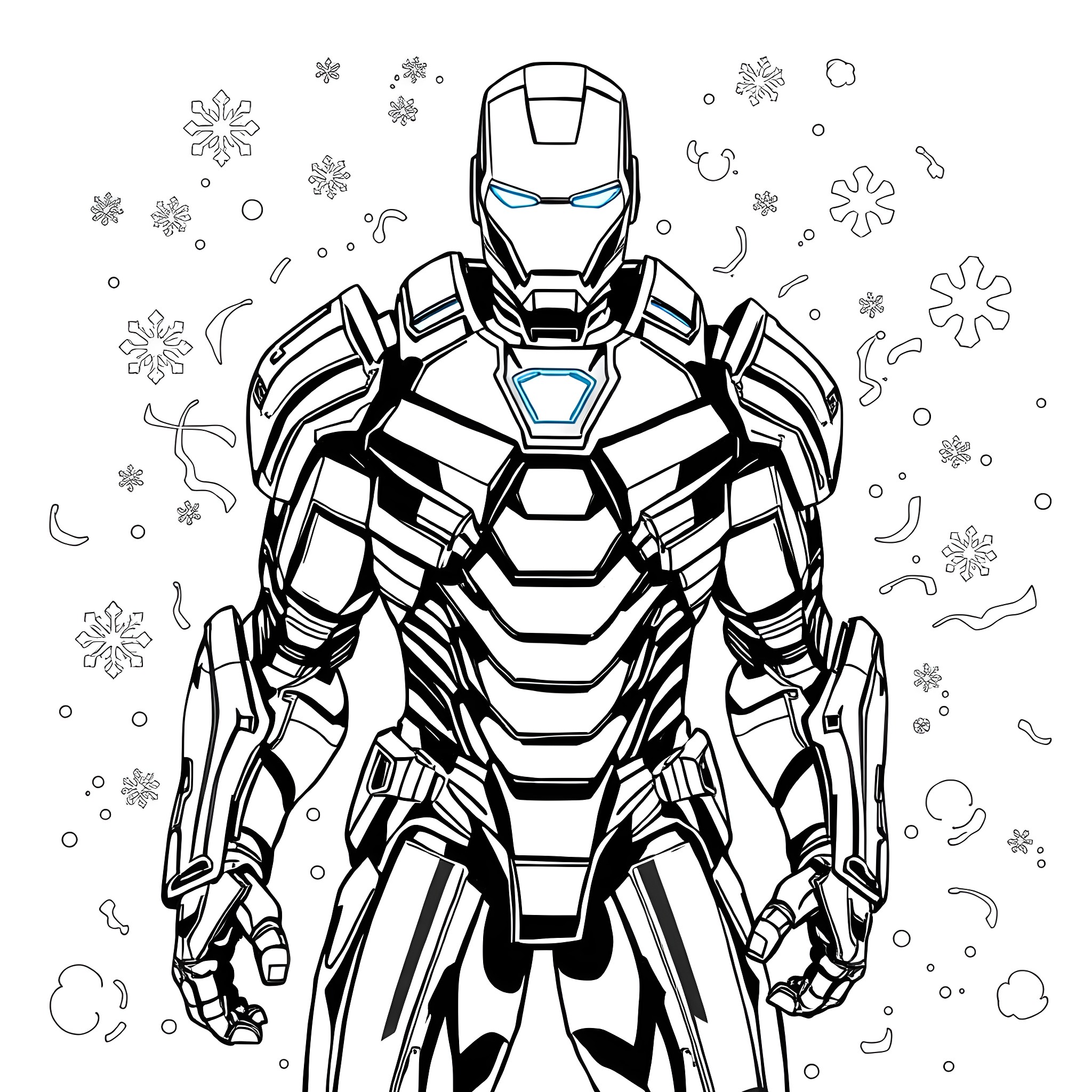 Iron Freeze - Warrior in Futuristic Armor Amid Snowflakes Coloring Page (free black-and-white line drawing printable PDF for all, from beginners to advanced learners, including children, teens, adults, and seniors)