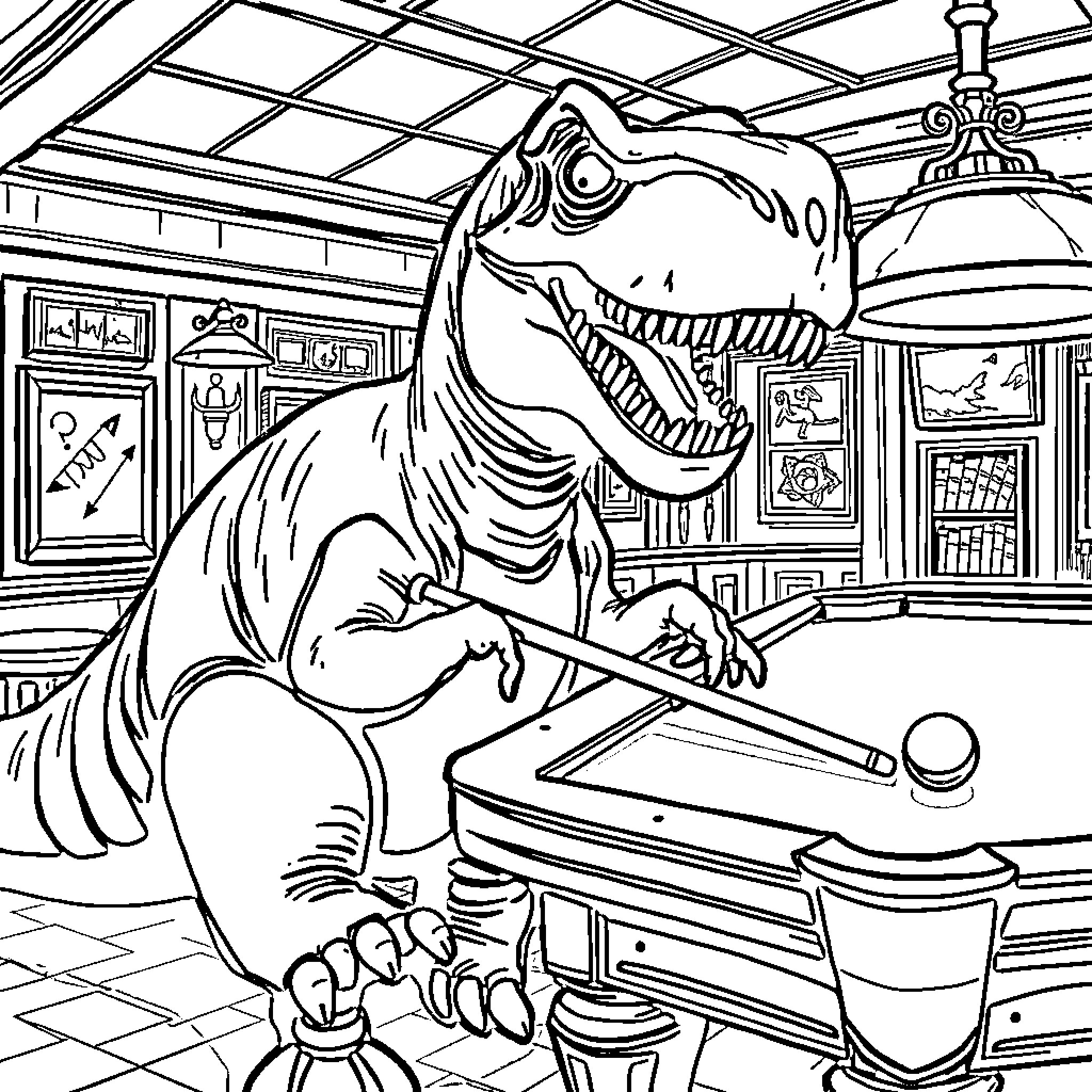 Dinosaur in Science Lab Examining Fossils Coloring Page (free black-and-white line drawing printable PDF for all, from beginners to advanced learners, including children, teens, adults, and seniors)