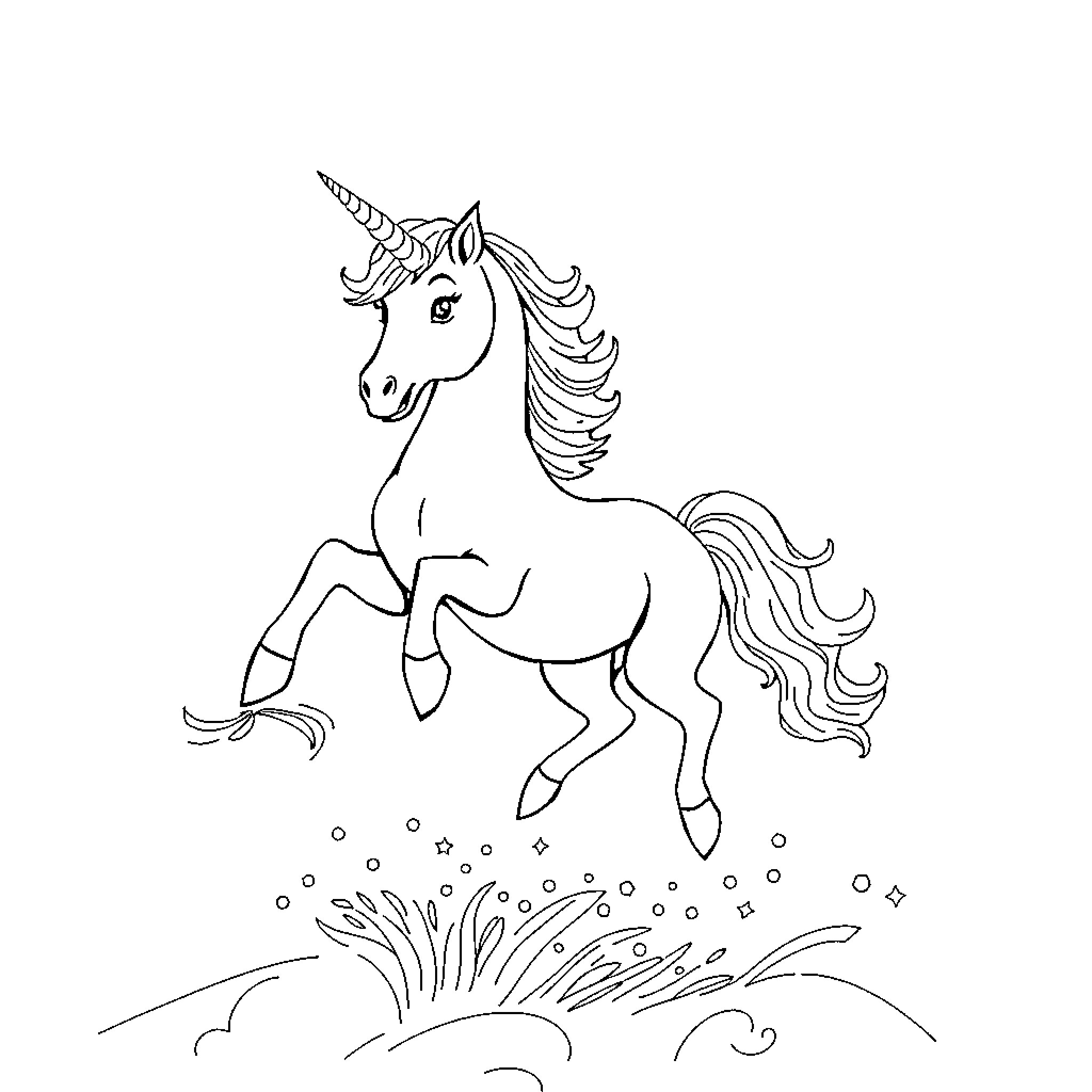 Unicorn leaping gracefully amidst sparkling stars Coloring Page (free black-and-white line drawing printable PDF for all, from beginners to advanced learners, including children, teens, adults, and seniors)