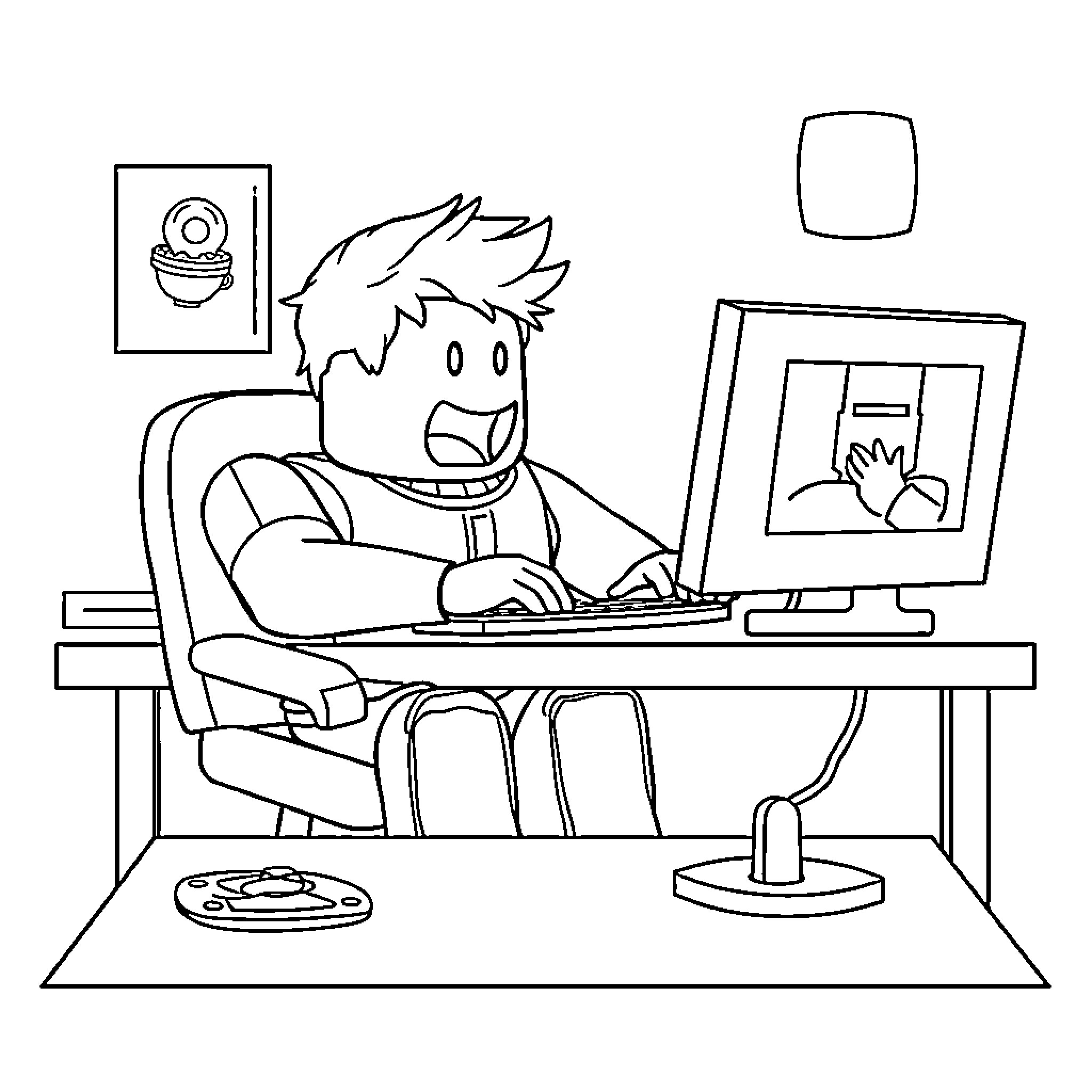 Roblox Character Working on Computer at Desk Coloring Page (free black-and-white line drawing printable PDF for all, from beginners to advanced learners, including children, teens, adults, and seniors)