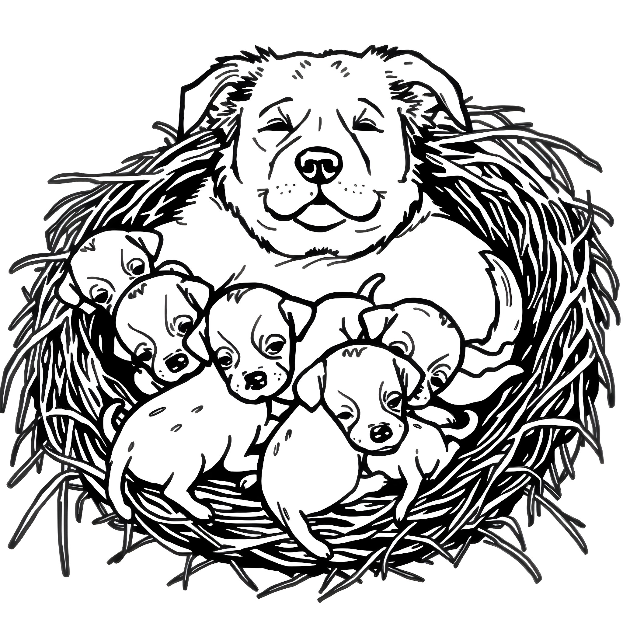 Dog with adorable puppies in nest Coloring Page (free black-and-white line drawing printable PDF for all, from beginners to advanced learners, including children, teens, adults, and seniors)