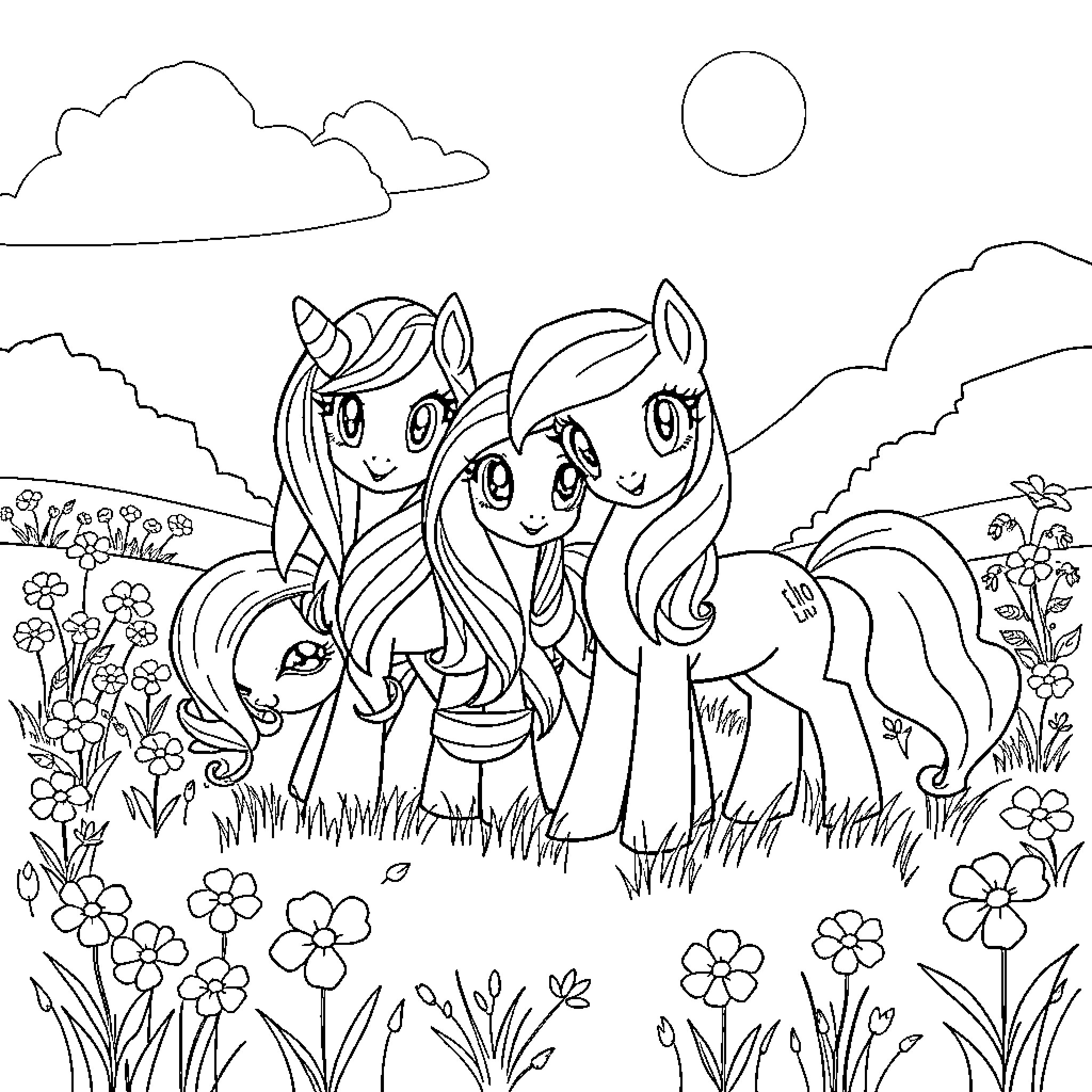 Pony friends frolicking in a flowery meadow Coloring Page (free black-and-white line drawing printable PDF for all, from beginners to advanced learners, including children, teens, adults, and seniors)