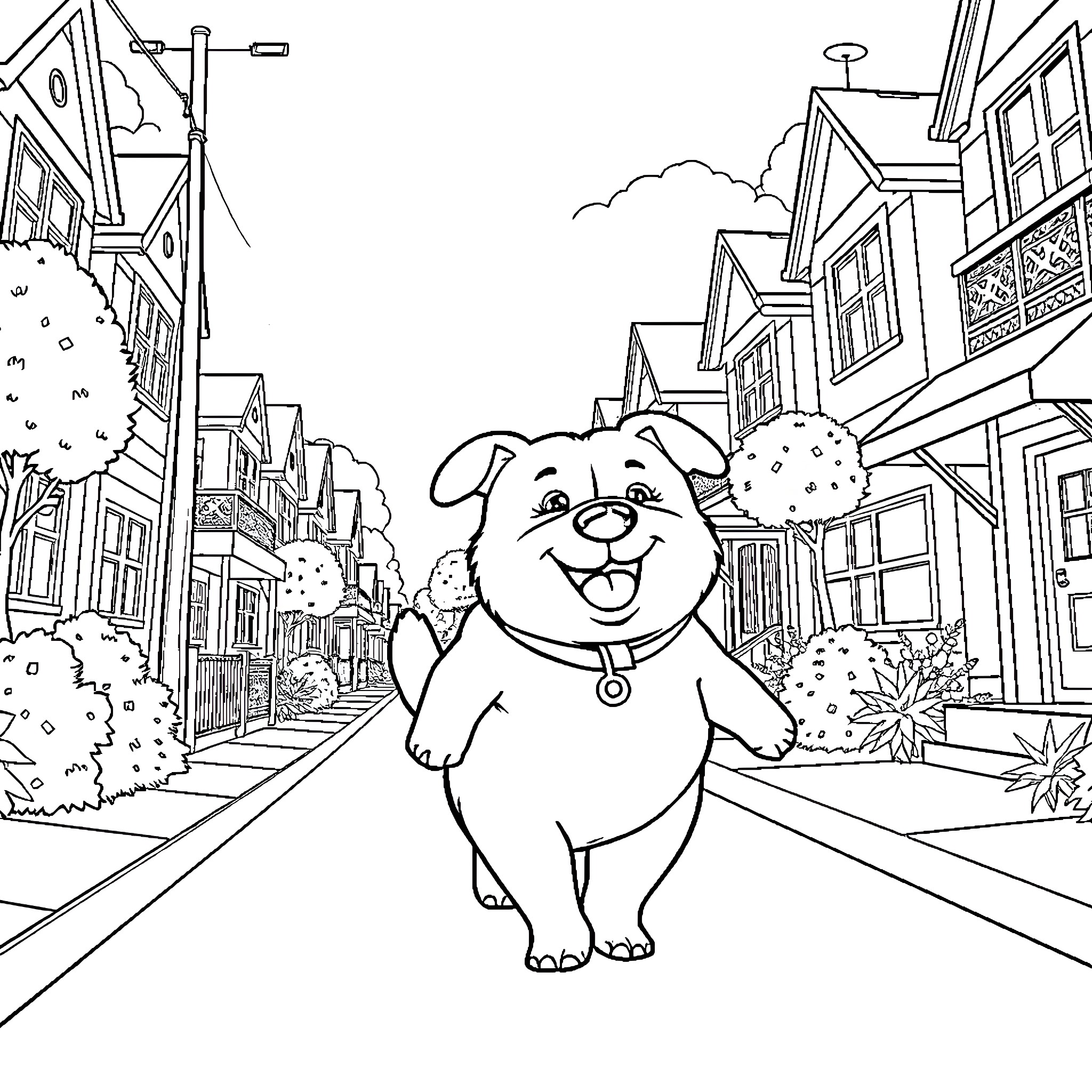 Dog enjoying a stroll through the town Coloring Page (free black-and-white line drawing printable PDF for all, from beginners to advanced learners, including children, teens, adults, and seniors)