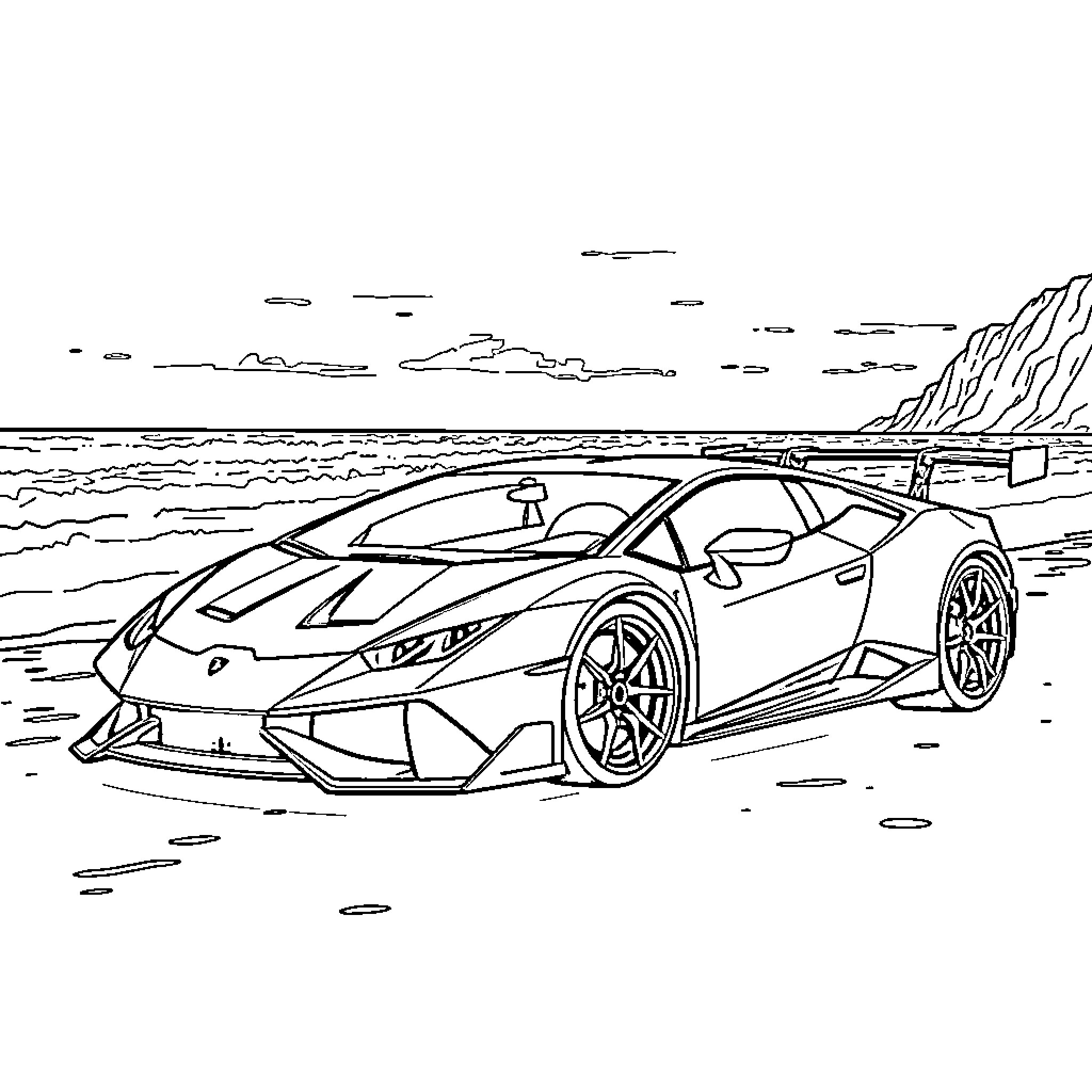 Lamborghini supercar on the coastal road Coloring Page (free black-and-white line drawing printable PDF for all, from beginners to advanced learners, including children, teens, adults, and seniors)