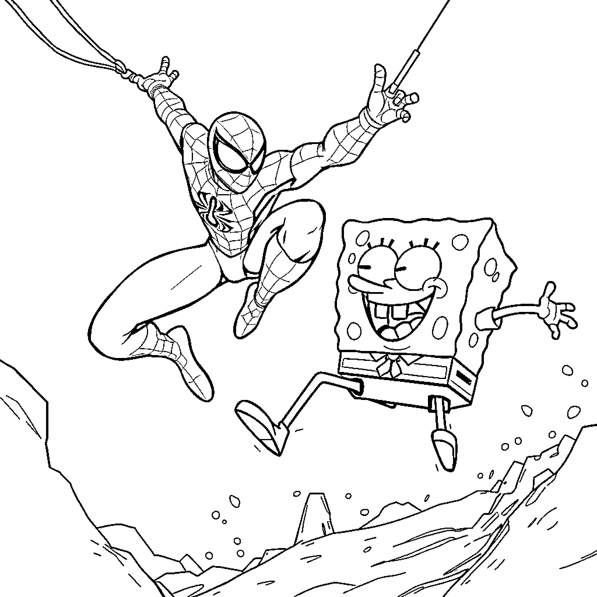 Spiderman swinging with Spongebob in a lively scene Coloring Page (free black-and-white line drawing printable PDF for all, from beginners to advanced learners, including children, teens, adults, and seniors)