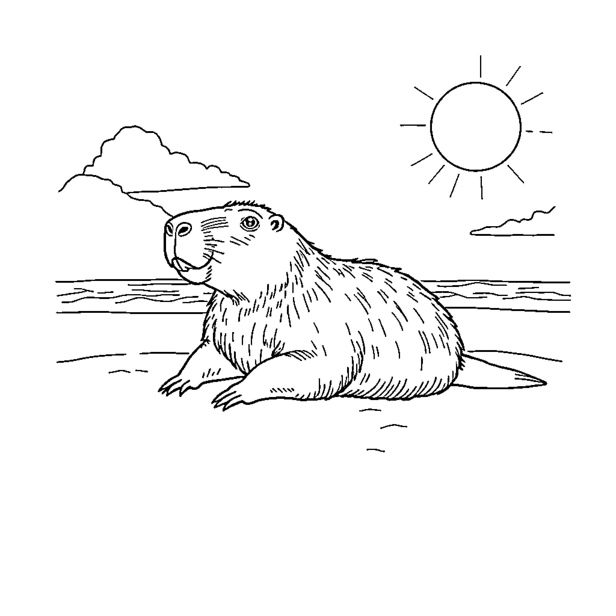 Capybara enjoying the sun by the lake Coloring Page (free black-and-white line drawing printable PDF for all, from beginners to advanced learners, including children, teens, adults, and seniors)