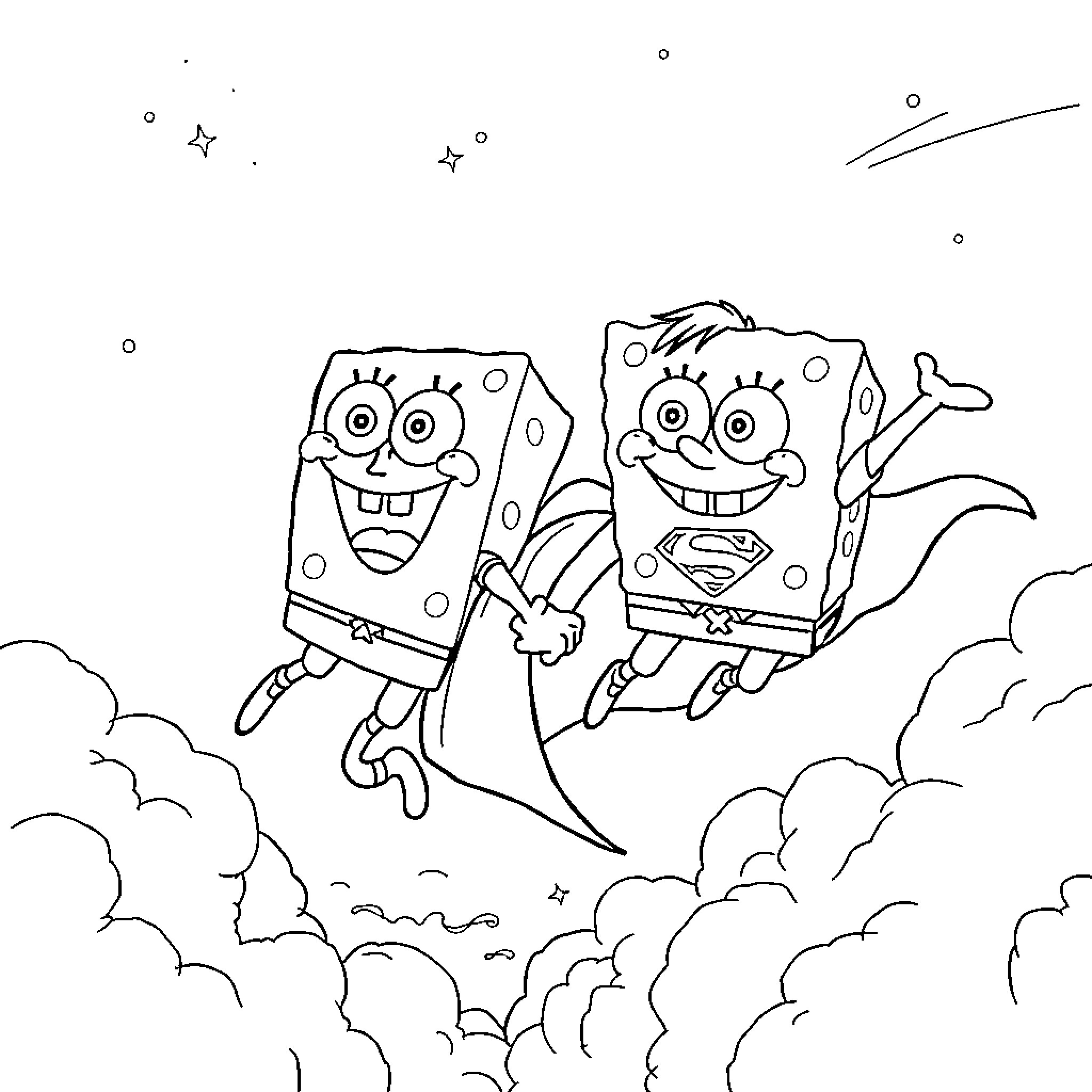 Spongebob and Patrick soar through the starry night Coloring Page (free black-and-white line drawing printable PDF for all, from beginners to advanced learners, including children, teens, adults, and seniors)