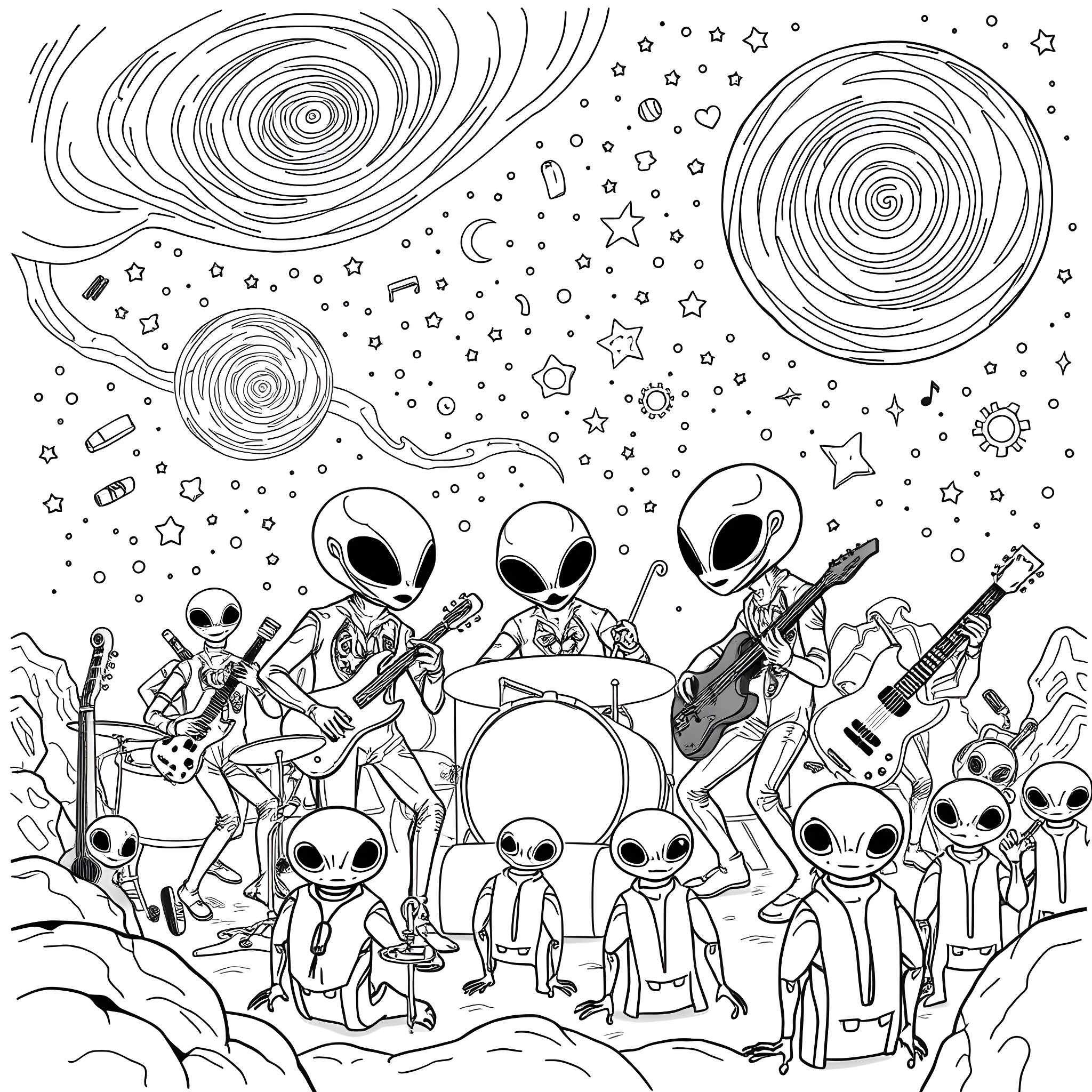 Alien Rock Band Performing Under the Cosmic Sky Coloring Page (free black-and-white line drawing printable PDF for all, from beginners to advanced learners, including children, teens, adults, and seniors)