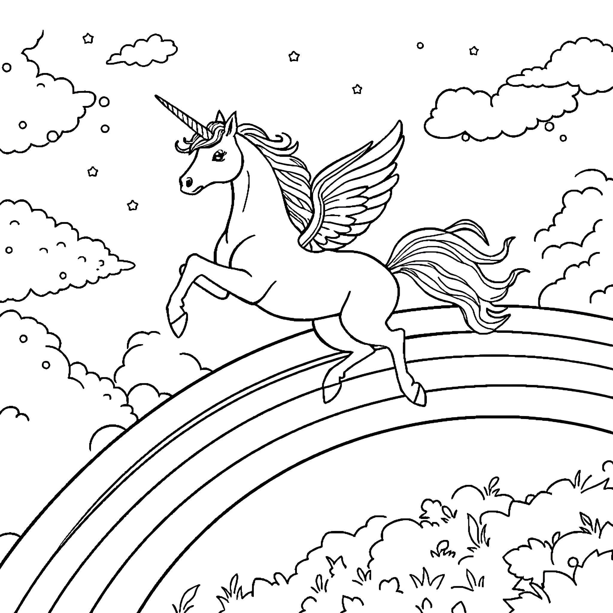 Unicorn Soaring Across Clouds and Rainbows Coloring Page (free black-and-white line drawing printable PDF for all, from beginners to advanced learners, including children, teens, adults, and seniors)