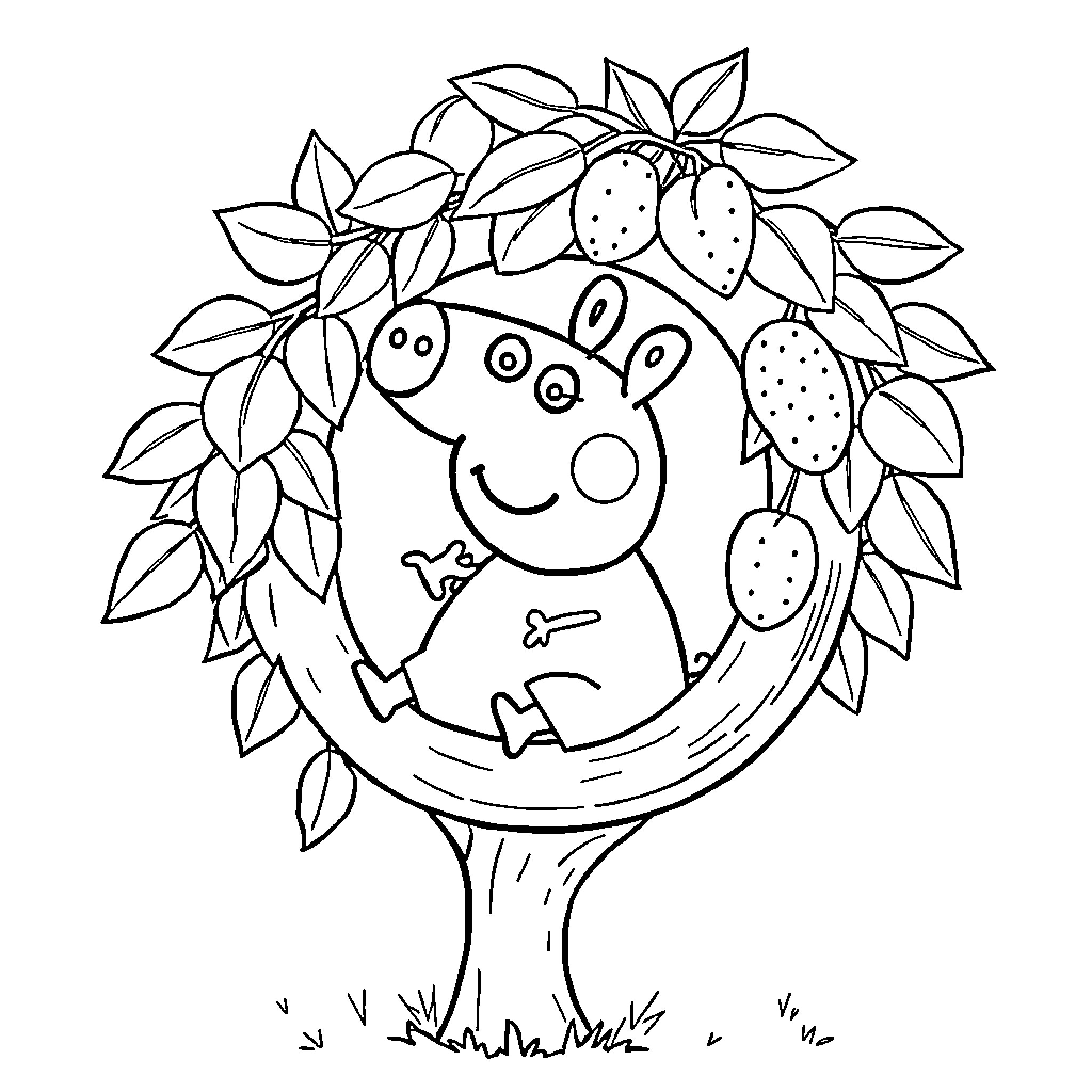 Pepa Pig surrounded by nature and strawberries Coloring Page (free black-and-white line drawing printable PDF for all, from beginners to advanced learners, including children, teens, adults, and seniors)