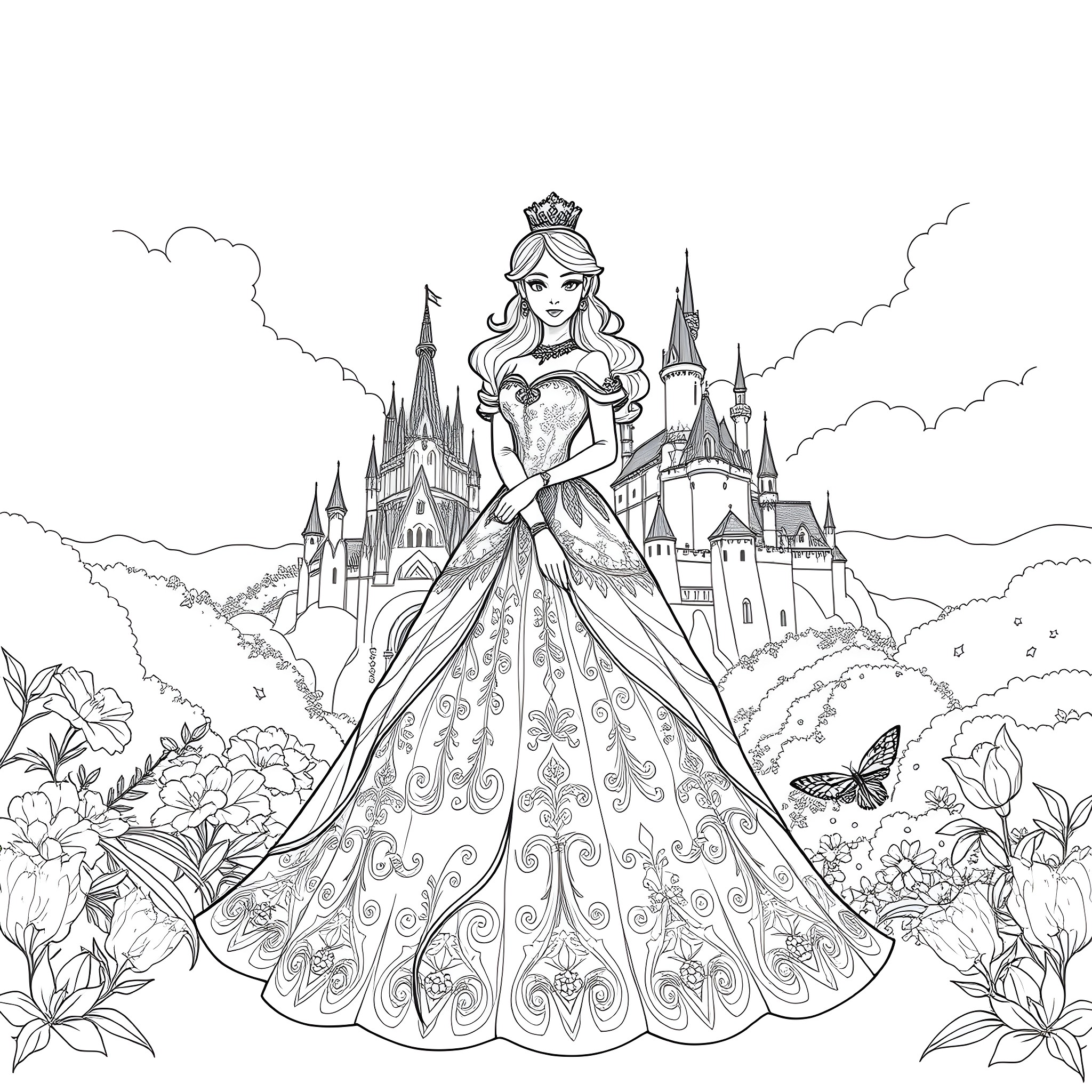 Princess in an Elegant Gown in a Fairy Tale Castle Coloring Page (free black-and-white line drawing printable PDF for all, from beginners to advanced learners, including children, teens, adults, and seniors)