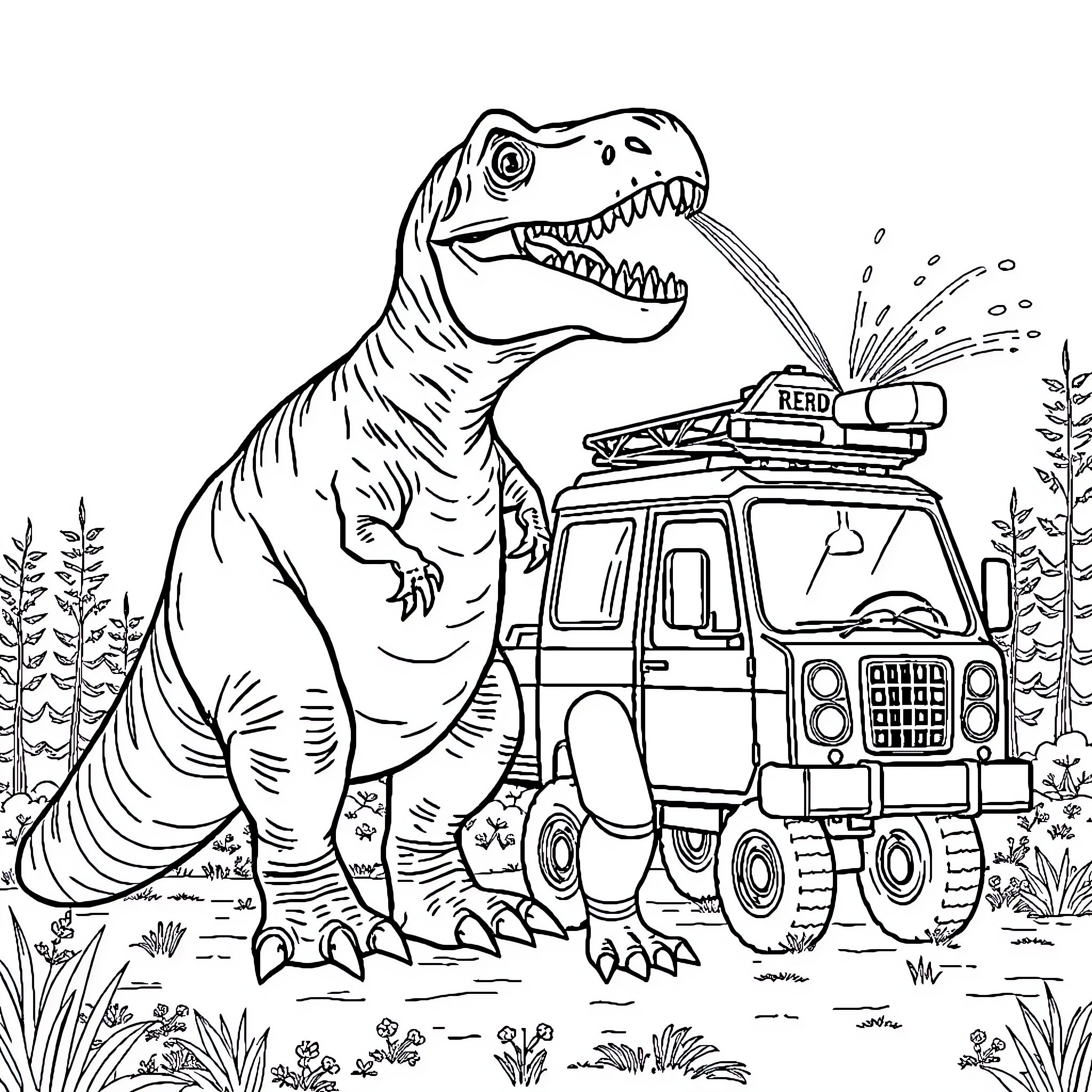 Dinosaur roaring next to a rugged off-road vehicle Coloring Page (free black-and-white line drawing printable PDF for all, from beginners to advanced learners, including children, teens, adults, and seniors)