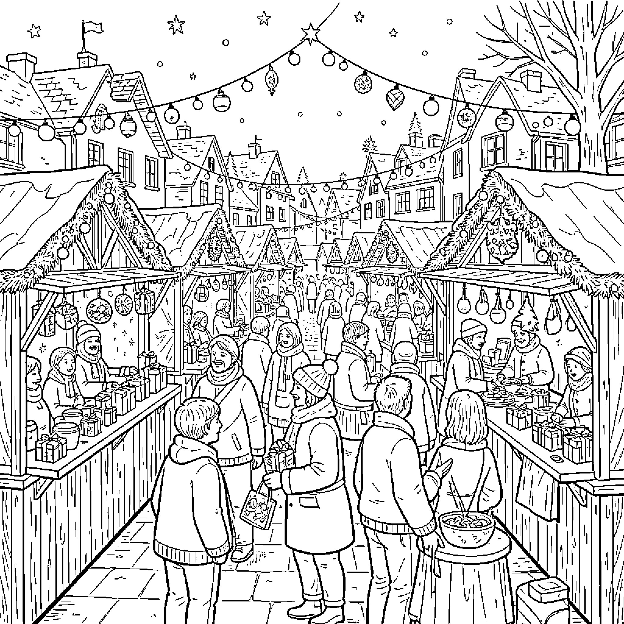Christmas Market with people browsing festive stalls Coloring Page (free black-and-white line drawing printable PDF for all, from beginners to advanced learners, including children, teens, adults, and seniors)