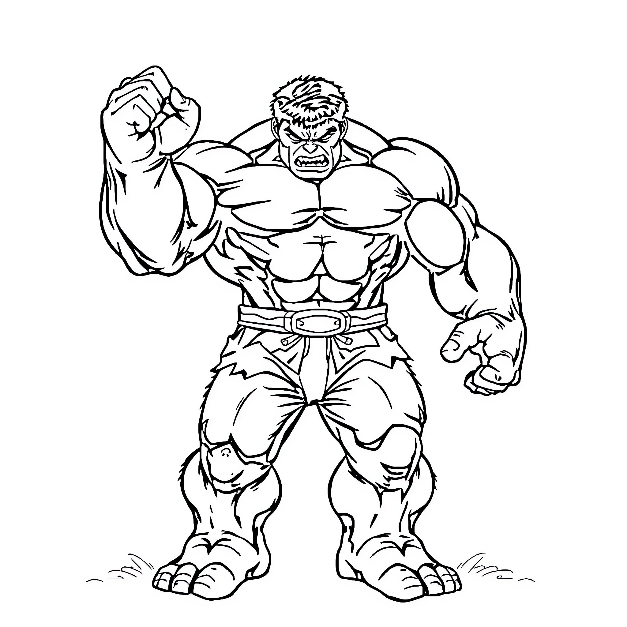 Hulk flexing his muscular body with intense expression Coloring Page (free black-and-white line drawing printable PDF for all, from beginners to advanced learners, including children, teens, adults, and seniors)