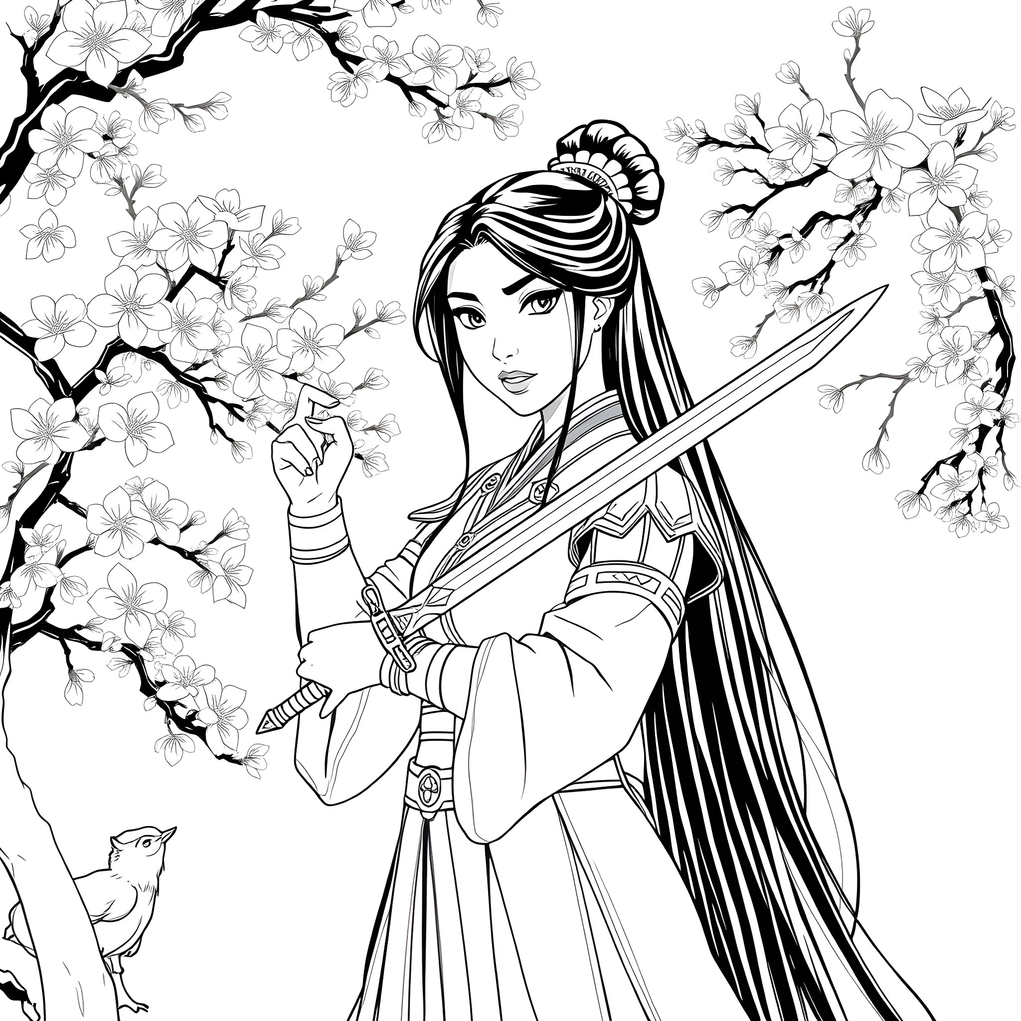 Mulan, the Warrior Princess, Wielding Her Sword Amidst Blossoming Branches Coloring Page (free black-and-white line drawing printable PDF for all, from beginners to advanced learners, including children, teens, adults, and seniors)