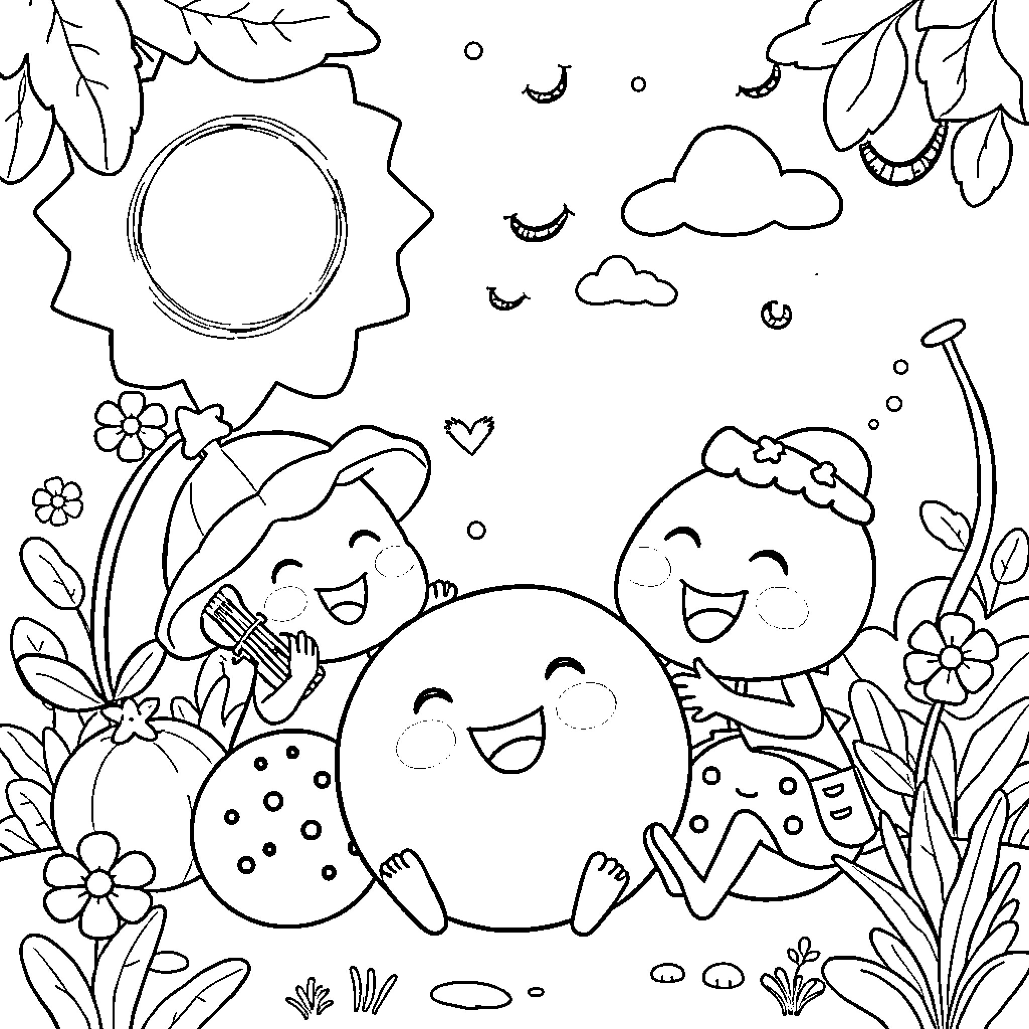 Cocomelon Characters Playing in the Garden Coloring Page (free black-and-white line drawing printable PDF for all, from beginners to advanced learners, including children, teens, adults, and seniors)