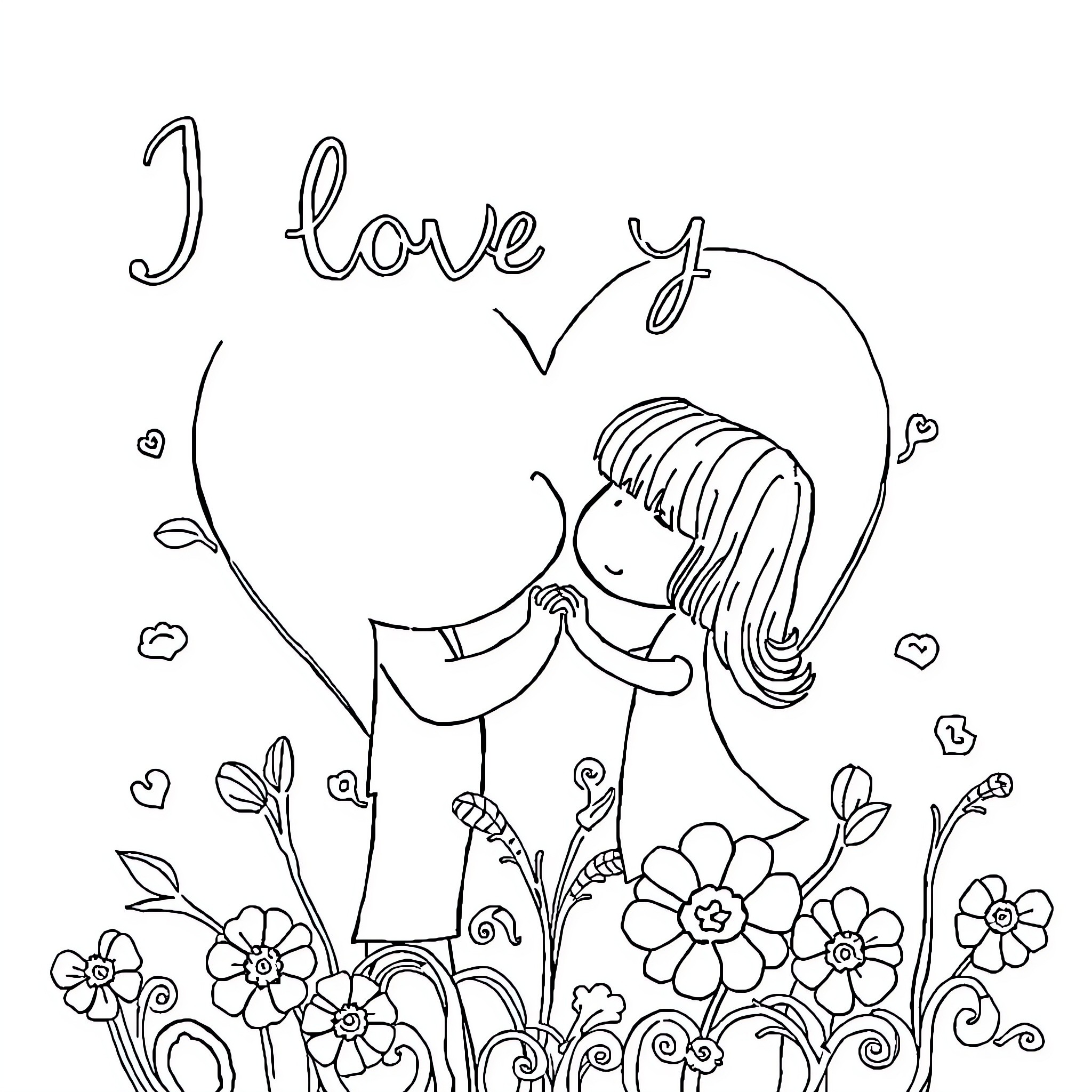 Love embracing in a floral garden Coloring Page (free black-and-white line drawing printable PDF for all, from beginners to advanced learners, including children, teens, adults, and seniors)