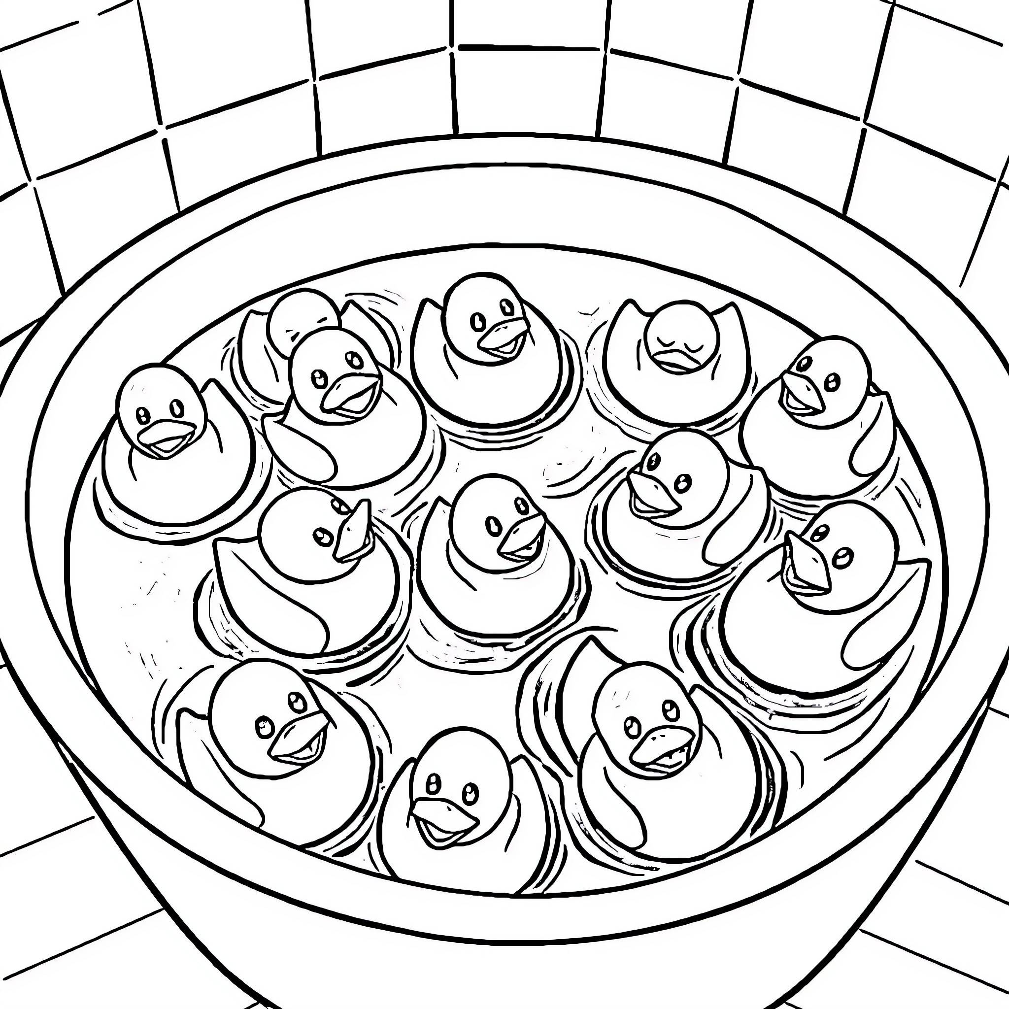 Rubber Duck characters in a group portrait Coloring Page (free black-and-white line drawing printable PDF for all, from beginners to advanced learners, including children, teens, adults, and seniors)