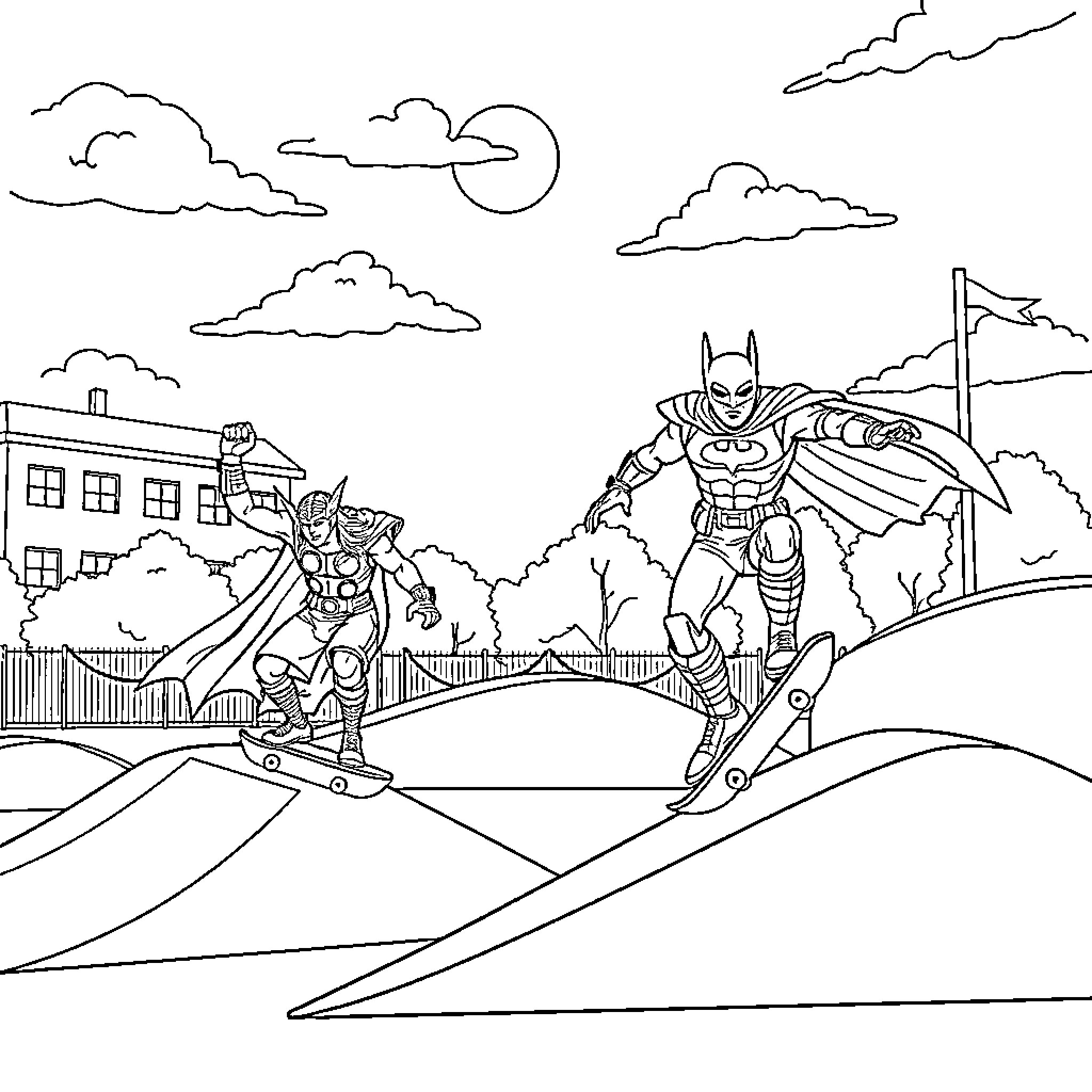 Thor and Loki Battle in Superhero Outfits Coloring Page (free black-and-white line drawing printable PDF for all, from beginners to advanced learners, including children, teens, adults, and seniors)