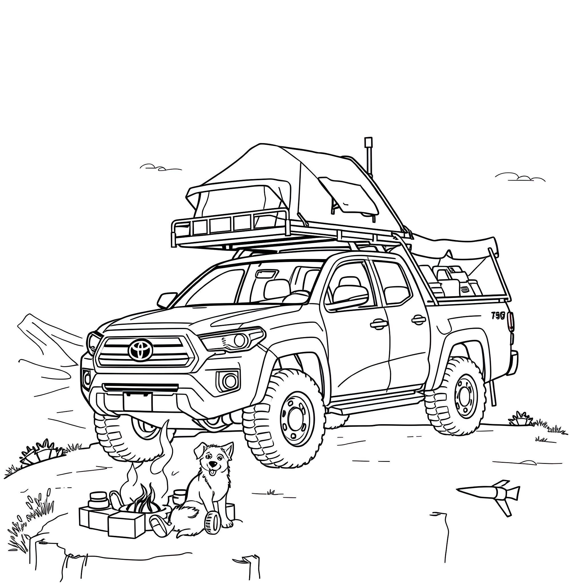 Toyota Pickup Truck on an Adventure Camping Trip Coloring Page (free black-and-white line drawing printable PDF for all, from beginners to advanced learners, including children, teens, adults, and seniors)