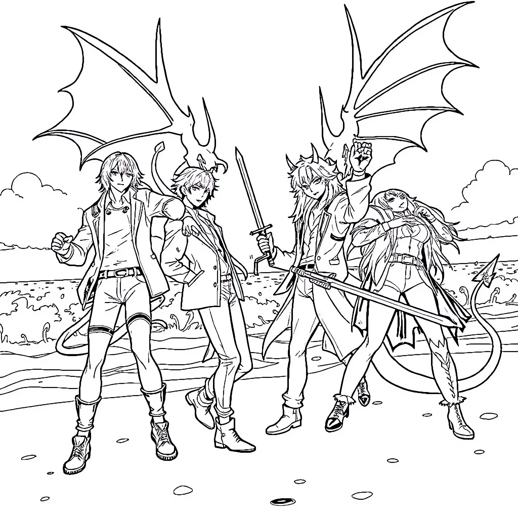 Demon Hunters in Action-Packed Adventure Coloring Page (free black-and-white line drawing printable PDF for all, from beginners to advanced learners, including children, teens, adults, and seniors)