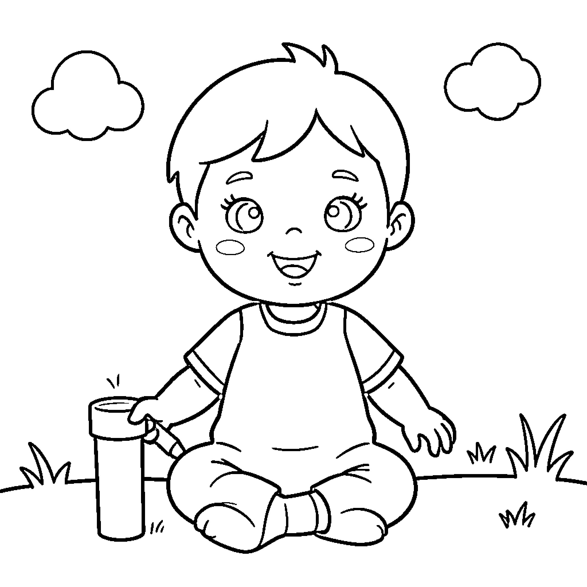 Drawing a smiling boy sitting in a grassy field Coloring Page (free black-and-white line drawing printable PDF for all, from beginners to advanced learners, including children, teens, adults, and seniors)