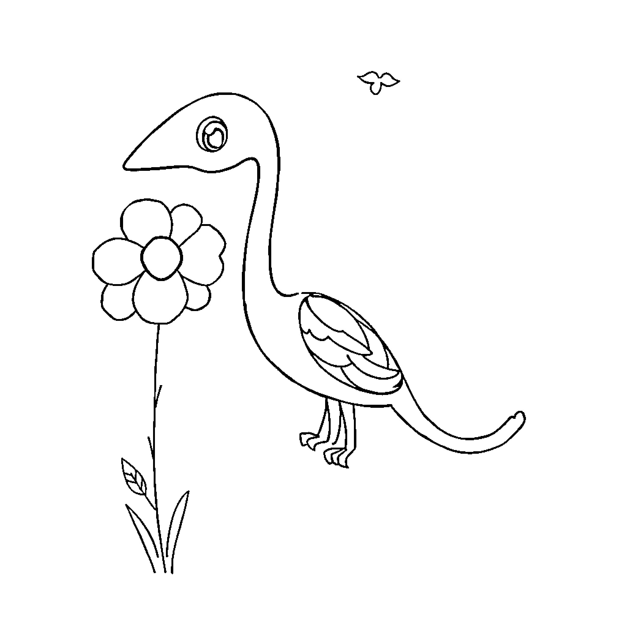 Dessain: Playful dinosaur with flower in nature Coloring Page (free black-and-white line drawing printable PDF for all, from beginners to advanced learners, including children, teens, adults, and seniors)