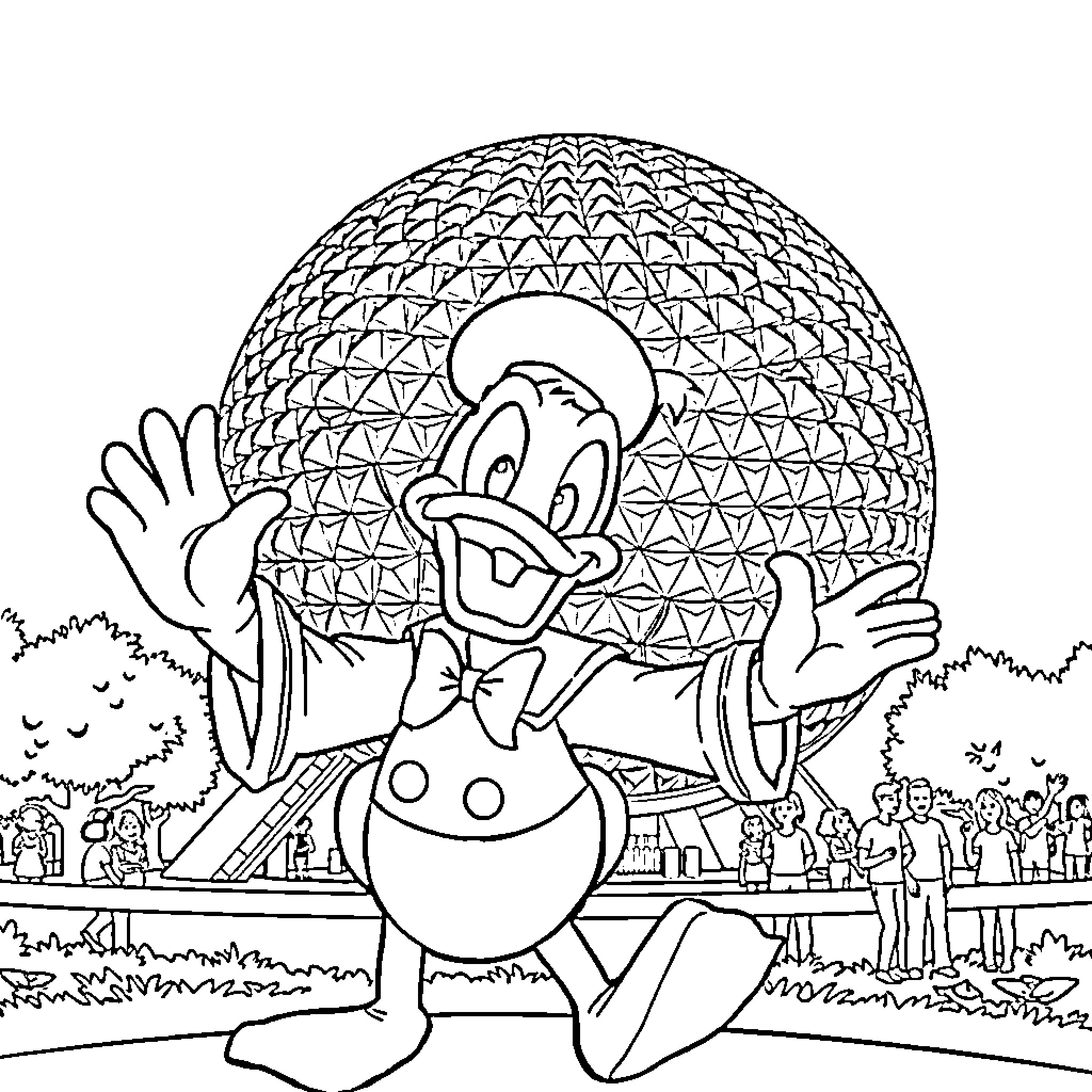 Donald Duck enjoying the carnival festivities Coloring Page (free black-and-white line drawing printable PDF for all, from beginners to advanced learners, including children, teens, adults, and seniors)