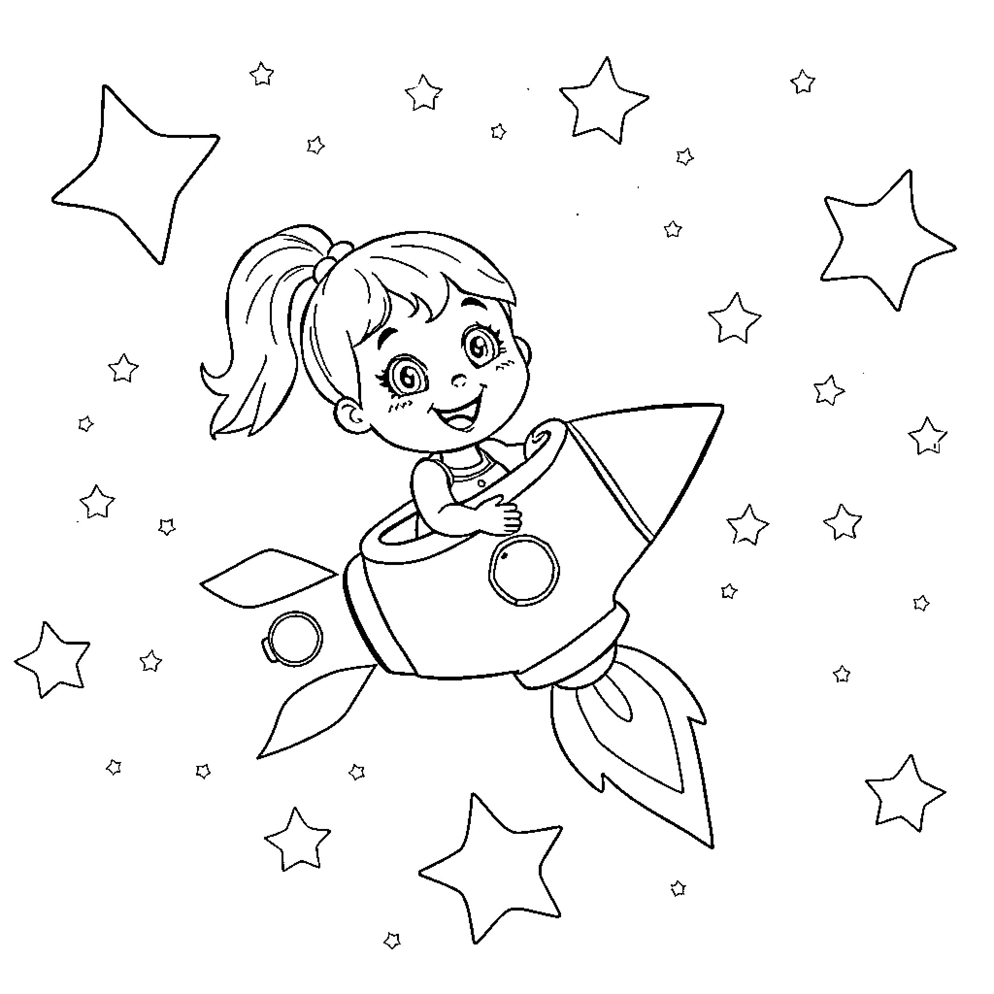 Girl riding a rocket through the starry sky Coloring Page (free black-and-white line drawing printable PDF for all, from beginners to advanced learners, including children, teens, adults, and seniors)