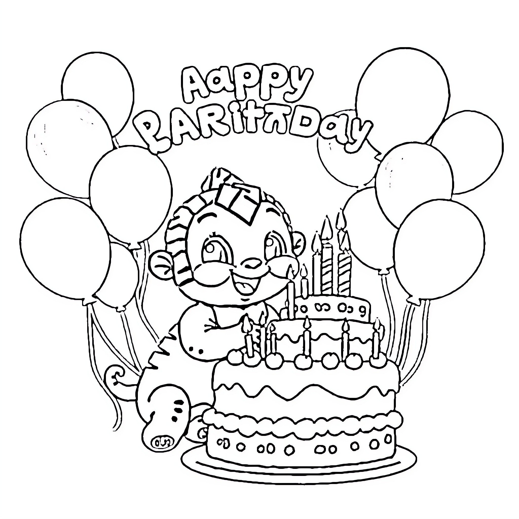 Labubu's Happy Birthday Party Coloring Page (free black-and-white line drawing printable PDF for all, from beginners to advanced learners, including children, teens, adults, and seniors)