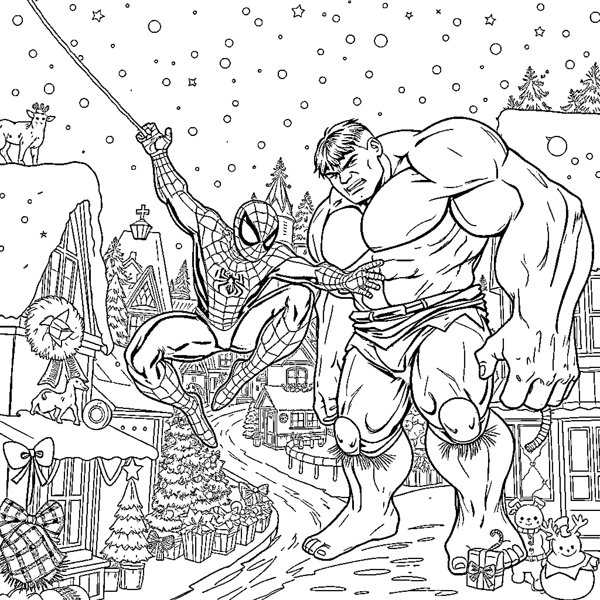 Spider-Man battling a supervillain in a winter wonderland Coloring Page (free black-and-white line drawing printable PDF for all, from beginners to advanced learners, including children, teens, adults, and seniors)