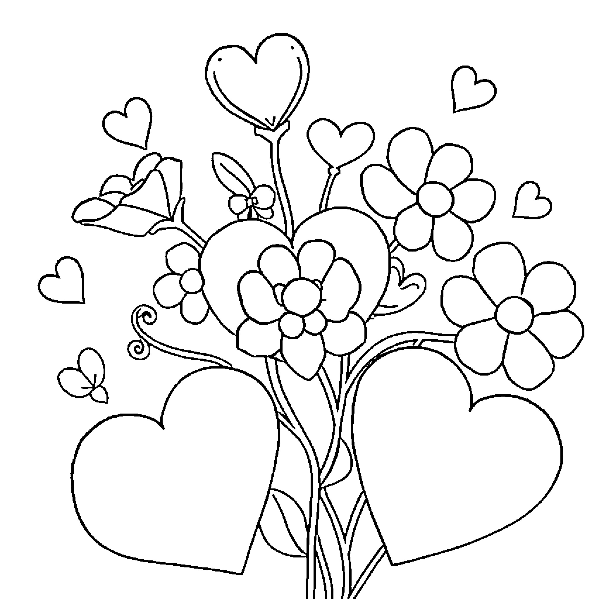 Valentine Bouquet of Flowers and Hearts Coloring Page (free black-and-white line drawing printable PDF for all, from beginners to advanced learners, including children, teens, adults, and seniors)