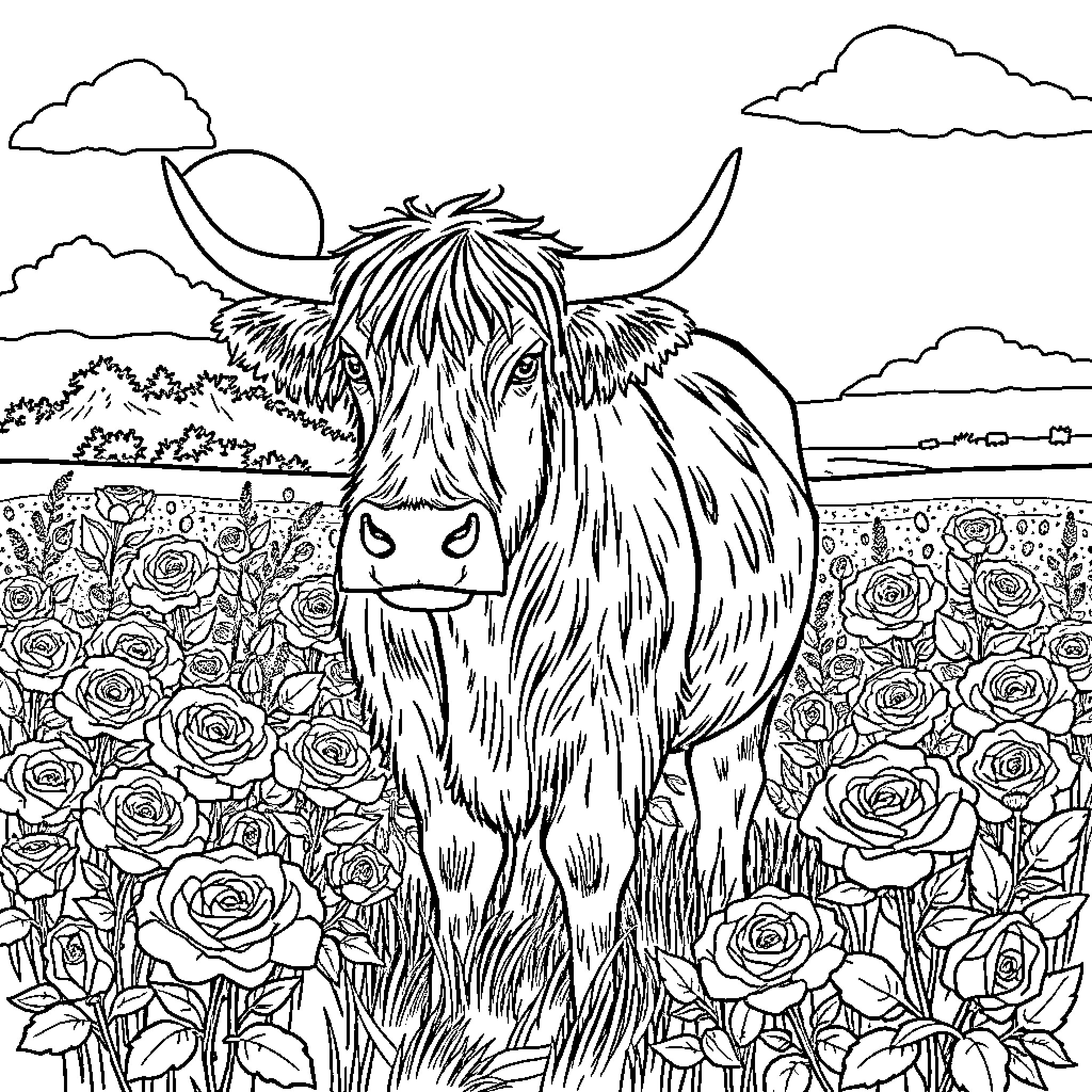 Highland Cow Grazing in Blooming Rose Garden Coloring Page (free black-and-white line drawing printable PDF for all, from beginners to advanced learners, including children, teens, adults, and seniors)