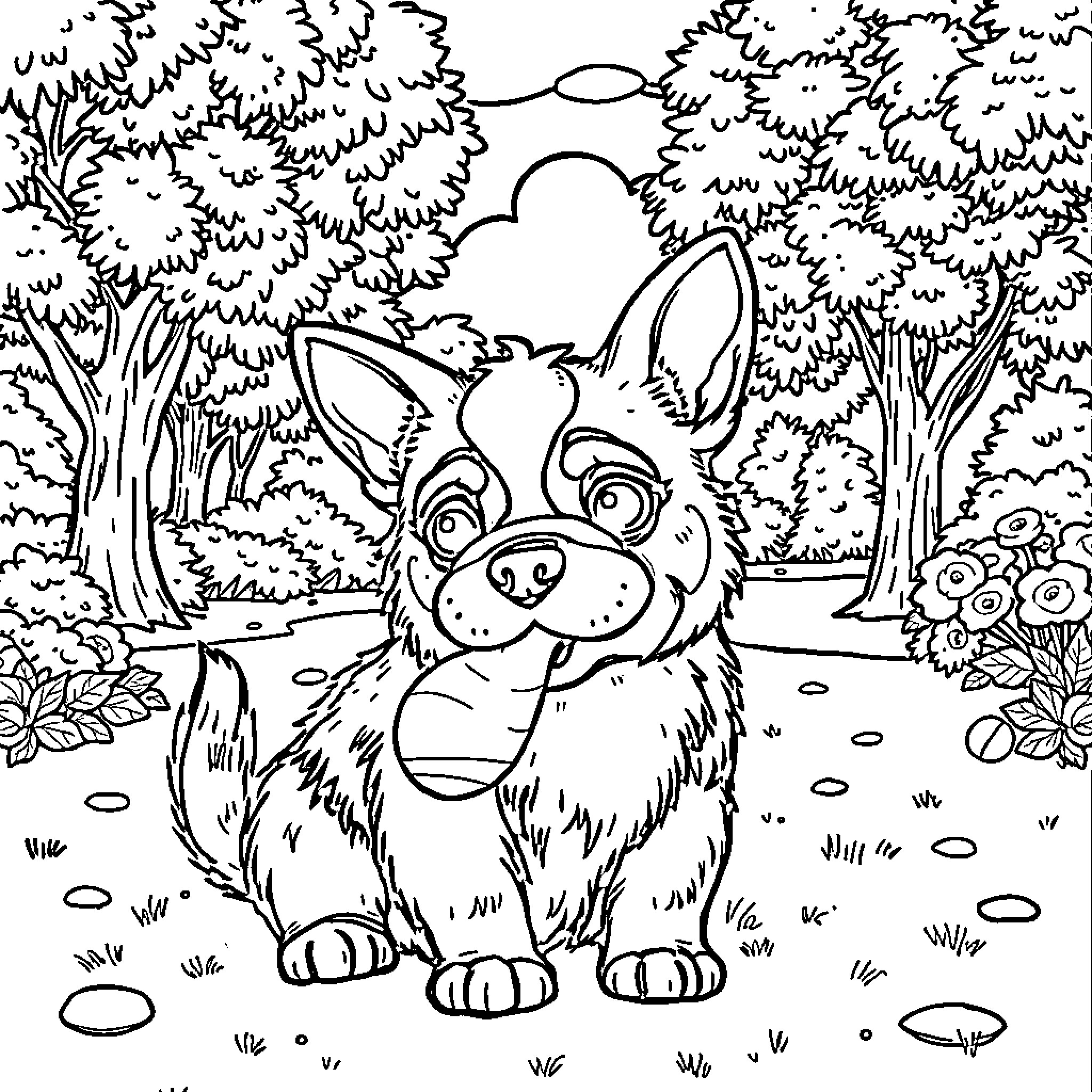 Bingo's Furry Adventure in the Enchanted Forest Coloring Page (free black-and-white line drawing printable PDF for all, from beginners to advanced learners, including children, teens, adults, and seniors)