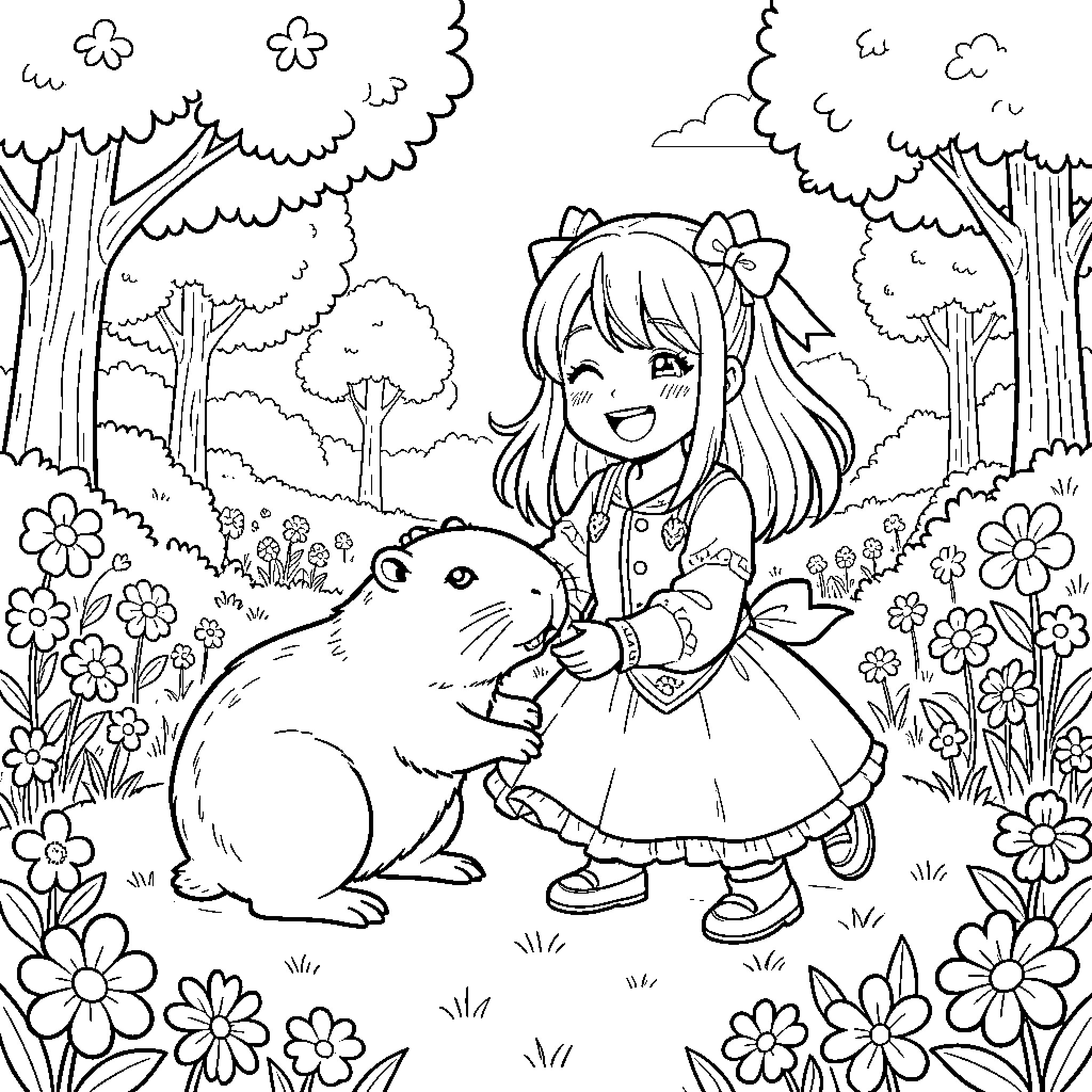Mitsuri Kanroji playing with a rabbit in a flowery forest Coloring Page (free black-and-white line drawing printable PDF for all, from beginners to advanced learners, including children, teens, adults, and seniors)