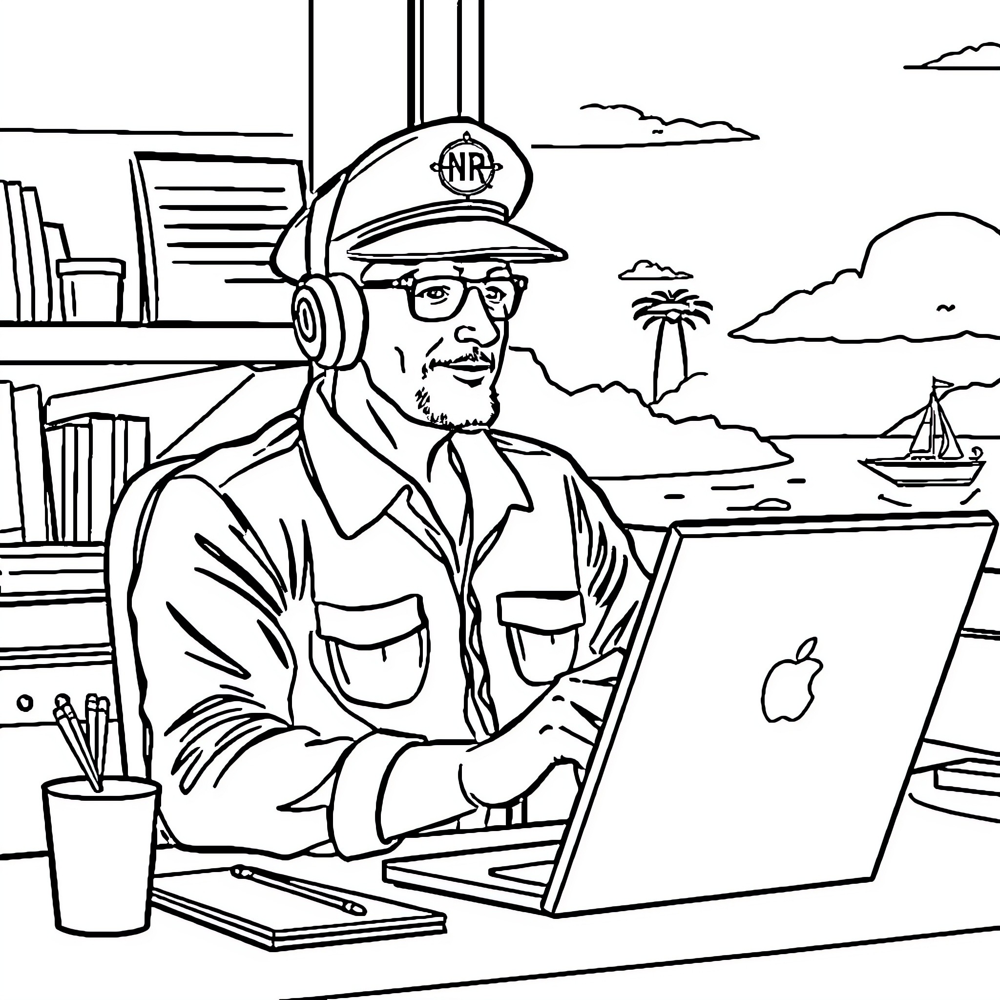 Man working intently on laptop in seaside office Coloring Page (free black-and-white line drawing printable PDF for all, from beginners to advanced learners, including children, teens, adults, and seniors)