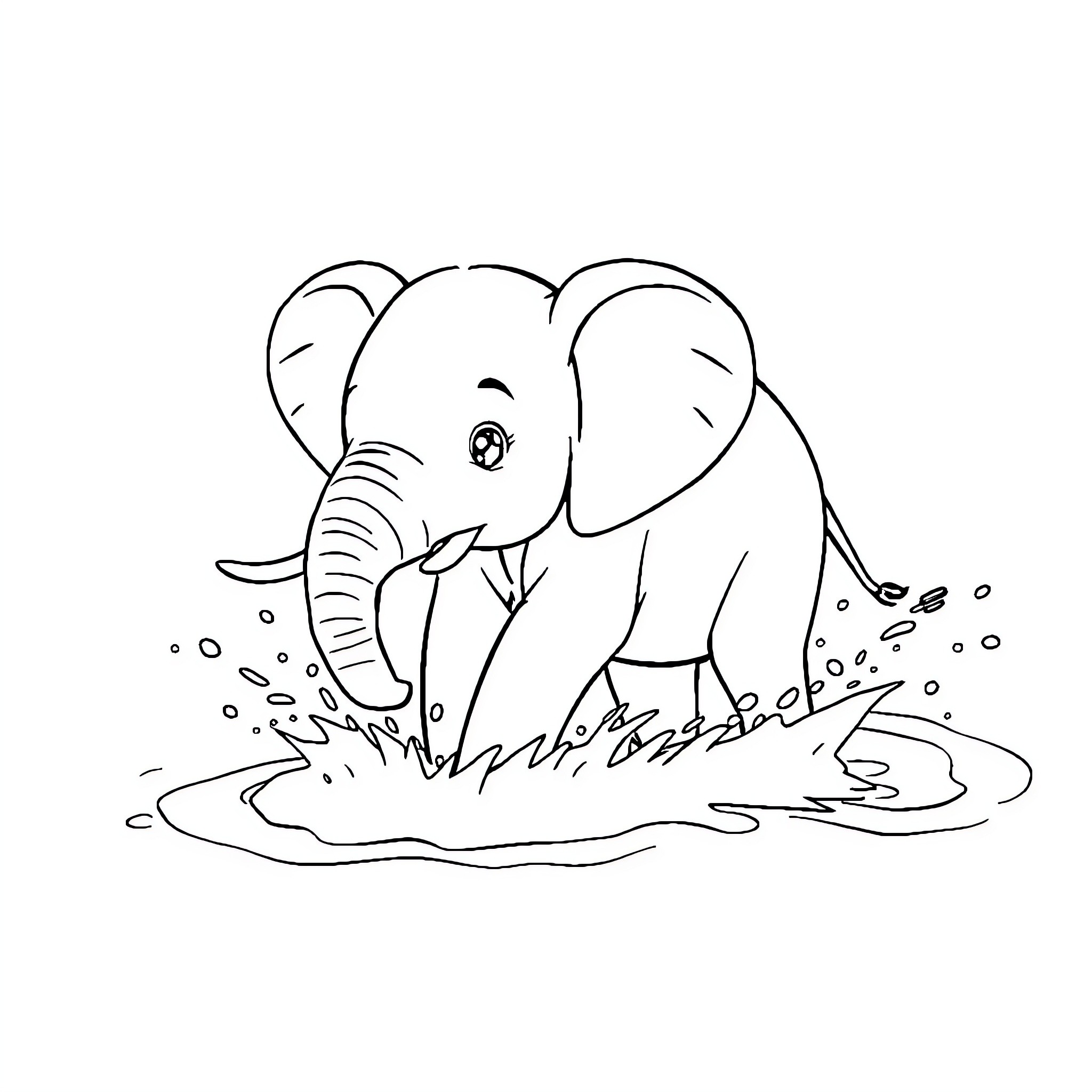 Elephant playing joyfully in the mud Coloring Page (free black-and-white line drawing printable PDF for all, from beginners to advanced learners, including children, teens, adults, and seniors)