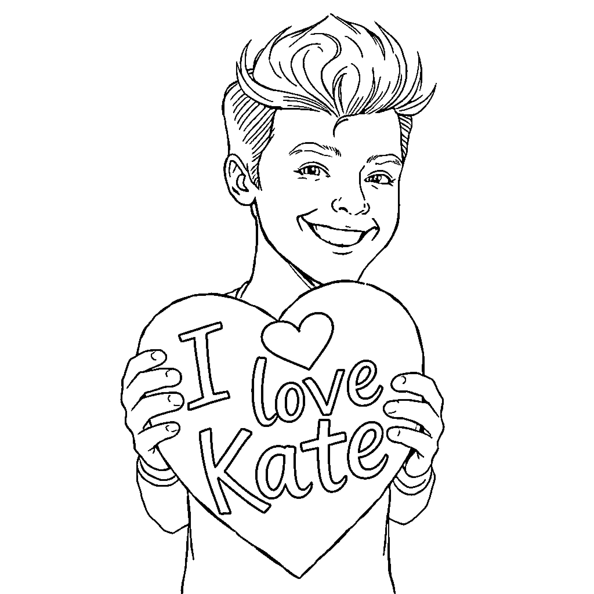 Harry Styles holding a heart-shaped 'I love Kate' sign Coloring Page (free black-and-white line drawing printable PDF for all, from beginners to advanced learners, including children, teens, adults, and seniors)