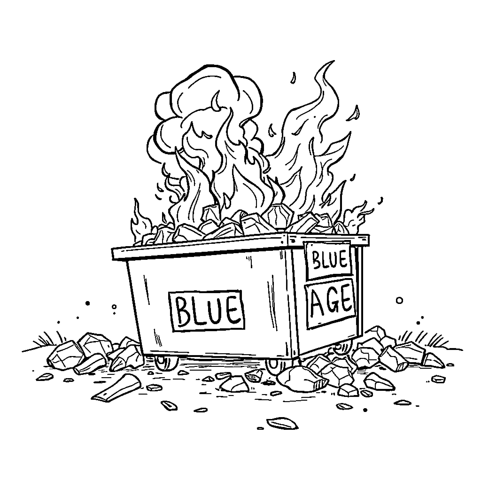 Dumpster on fire with Blue Age label Coloring Page (free black-and-white line drawing printable PDF for all, from beginners to advanced learners, including children, teens, adults, and seniors)
