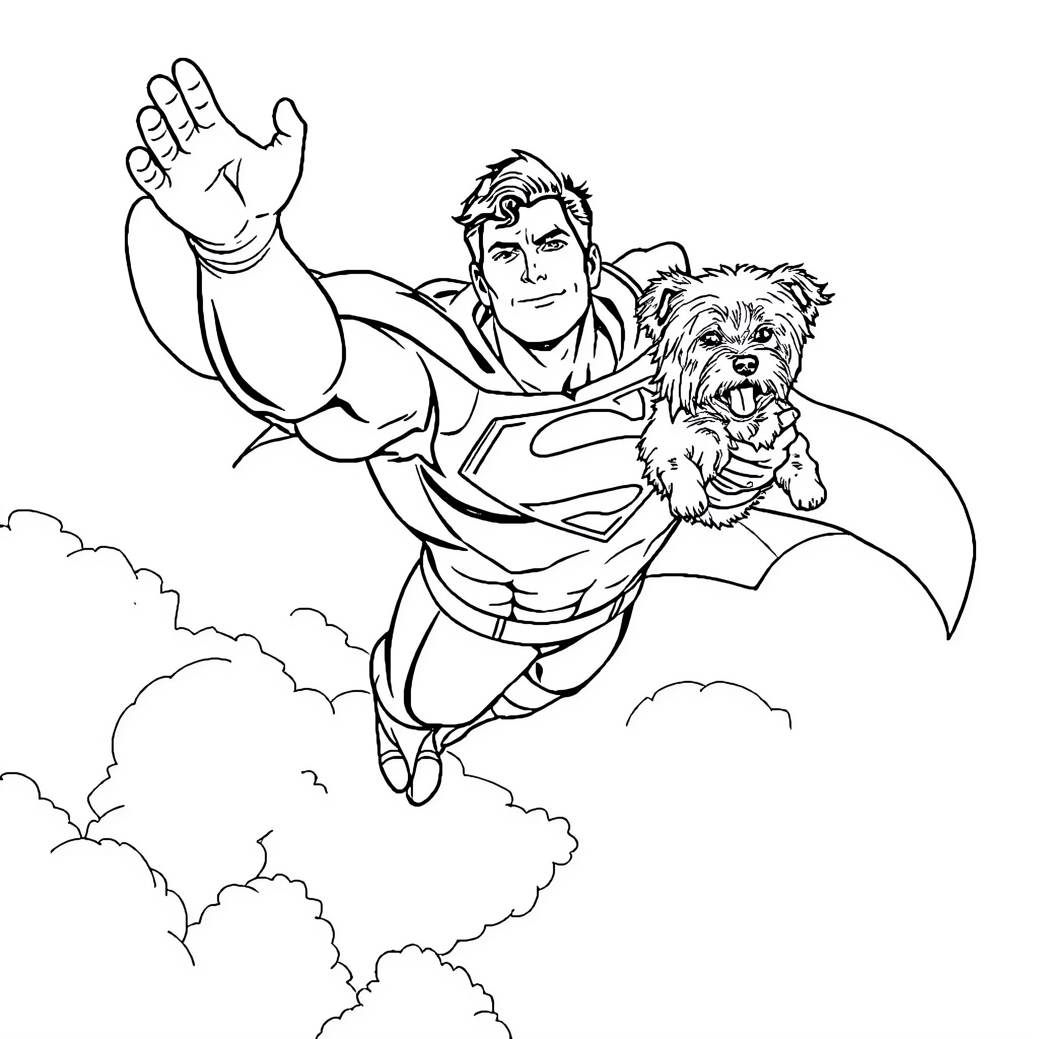 Superman saves a small dog in mid-flight Coloring Page (free black-and-white line drawing printable PDF for all, from beginners to advanced learners, including children, teens, adults, and seniors)