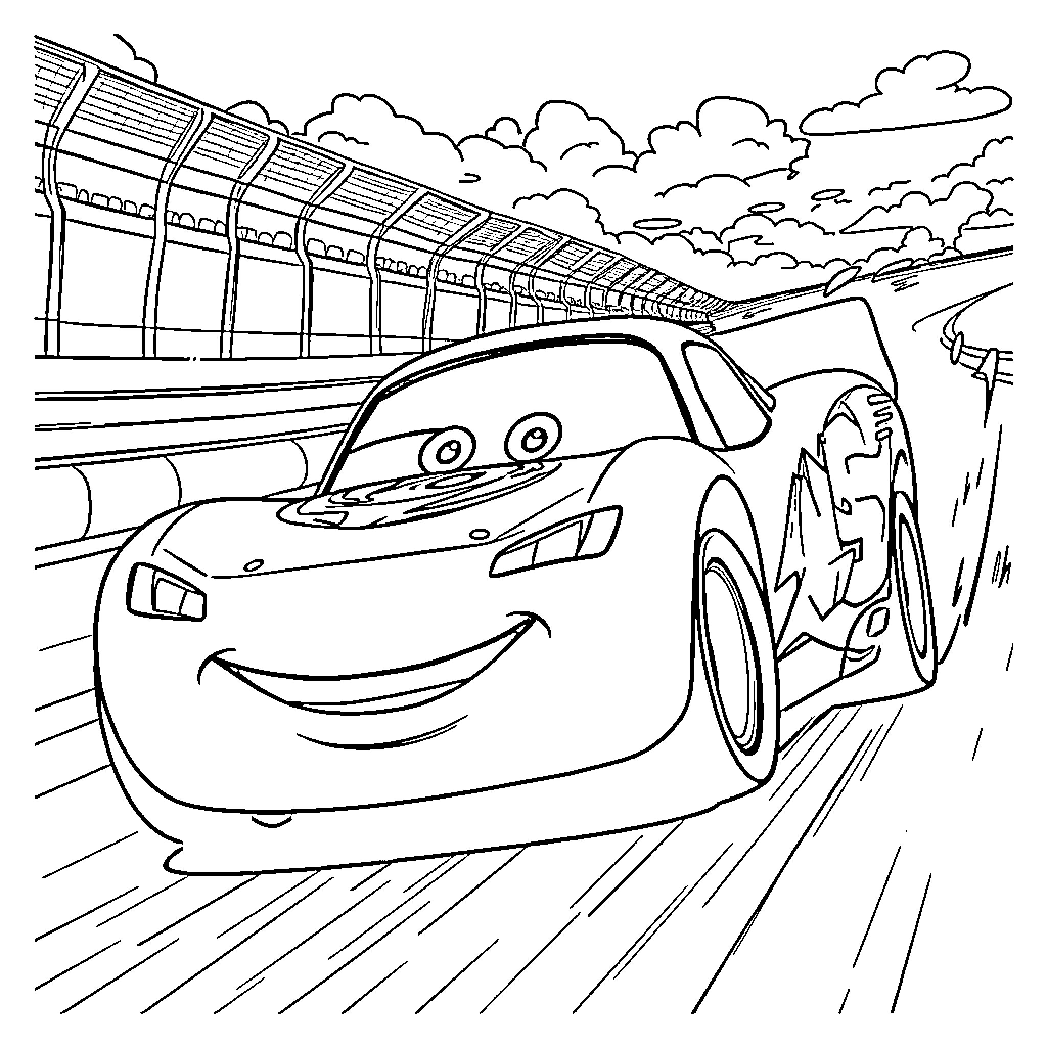 Lightning McQueen racing at the track Coloring Page (free black-and-white line drawing printable PDF for all, from beginners to advanced learners, including children, teens, adults, and seniors)