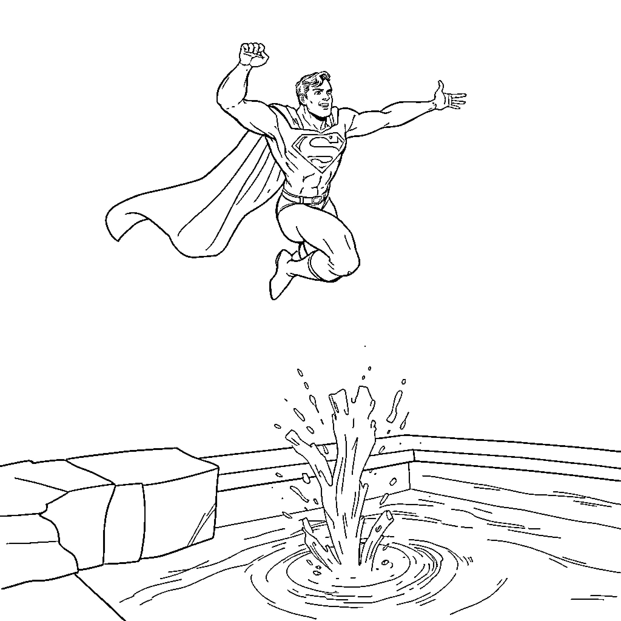 Superman flying heroically over a rocky terrain Coloring Page (free black-and-white line drawing printable PDF for all, from beginners to advanced learners, including children, teens, adults, and seniors)