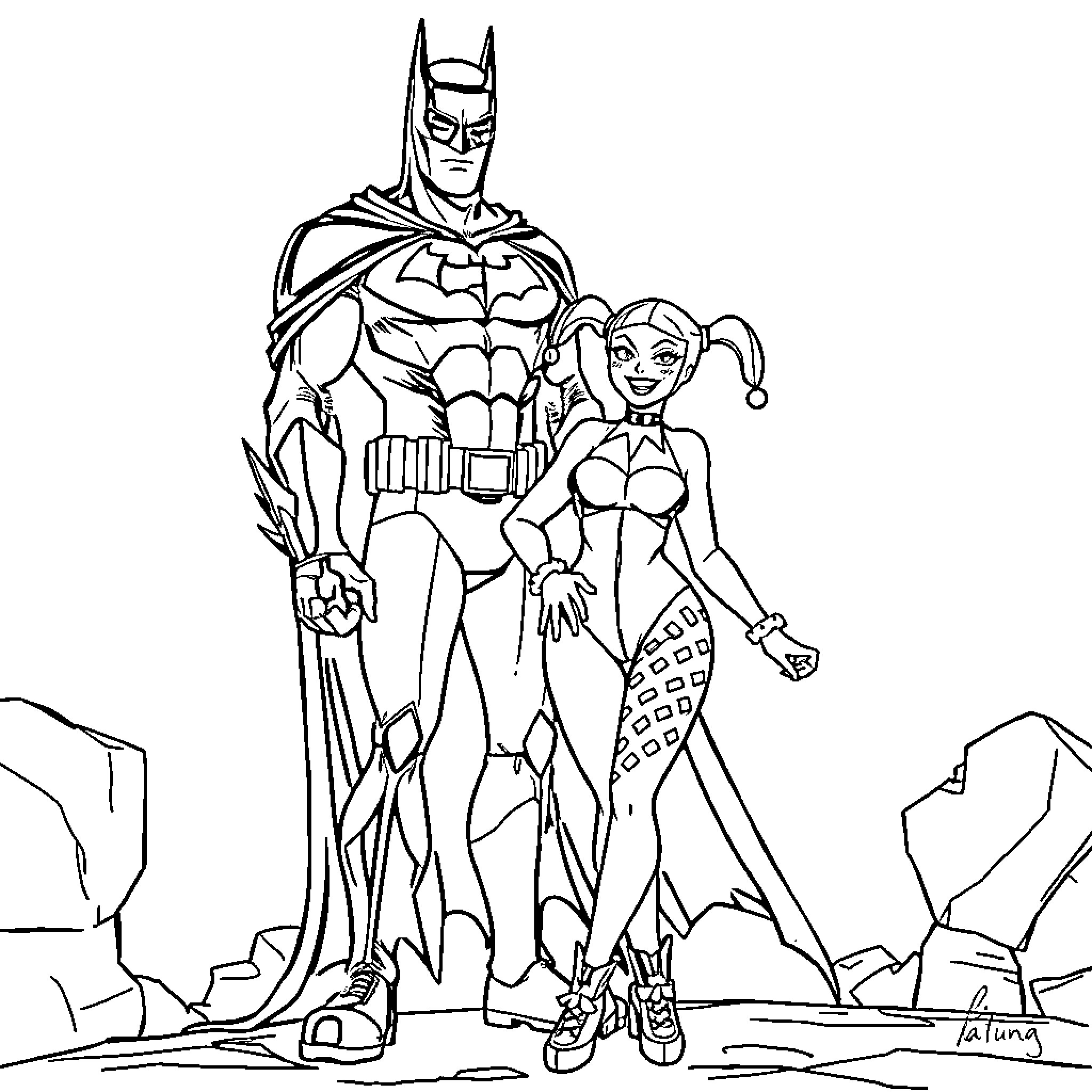 Batman and Harley Quinn in action pose Coloring Page (free black-and-white line drawing printable PDF for all, from beginners to advanced learners, including children, teens, adults, and seniors)
