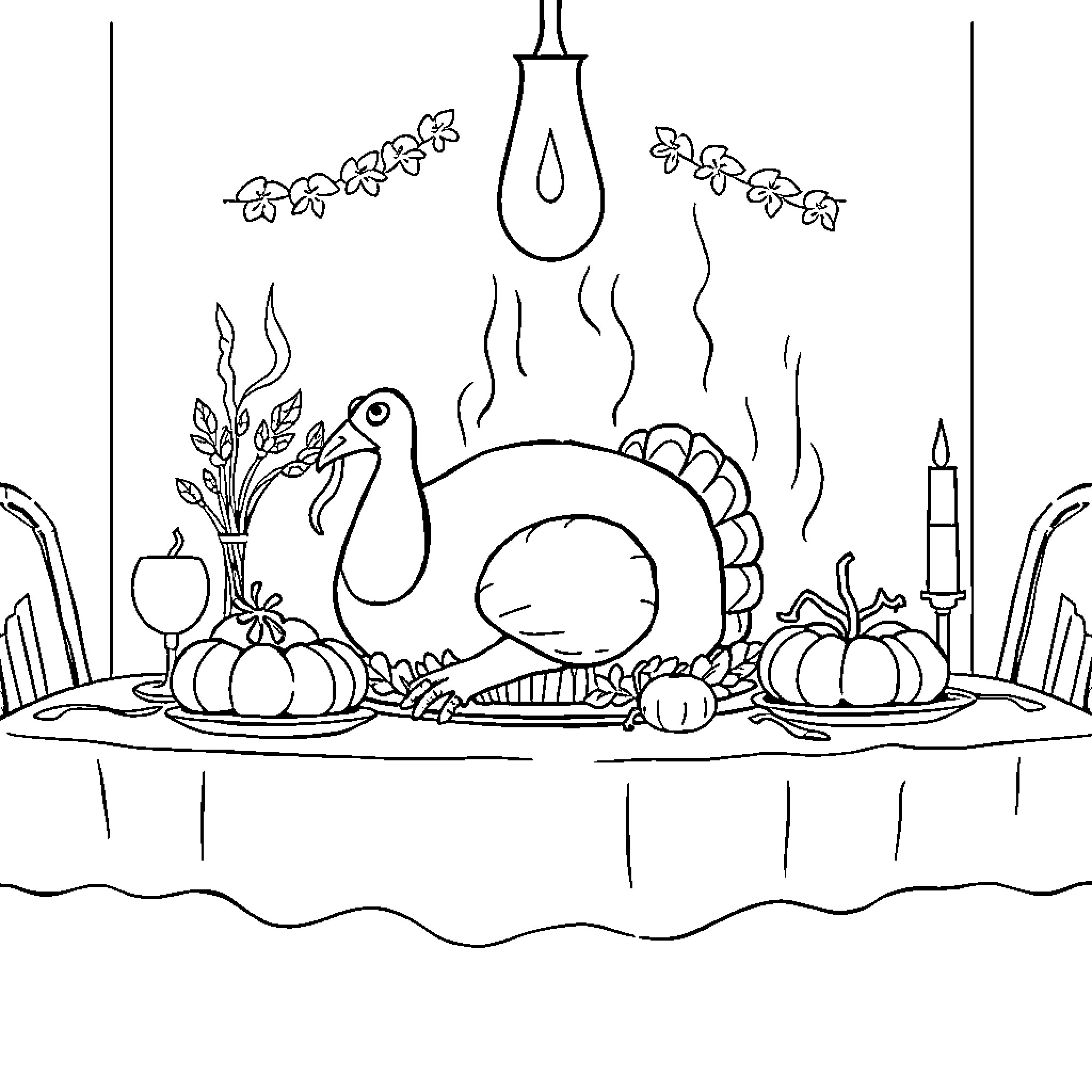 Thanksgiving Feast with Turkey and Decorations Coloring Page (free black-and-white line drawing printable PDF for all, from beginners to advanced learners, including children, teens, adults, and seniors)