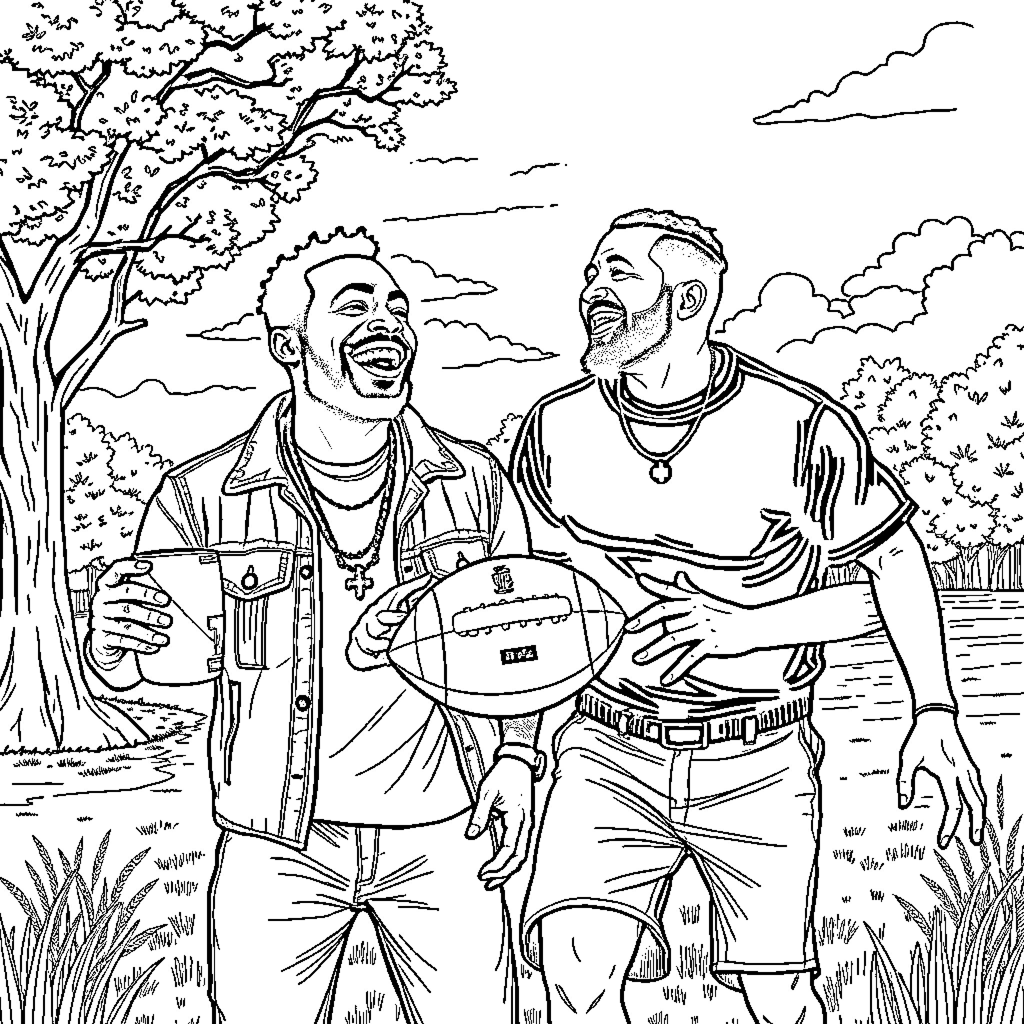 Kendrick Lamar playing with friends in the park Coloring Page (free black-and-white line drawing printable PDF for all, from beginners to advanced learners, including children, teens, adults, and seniors)
