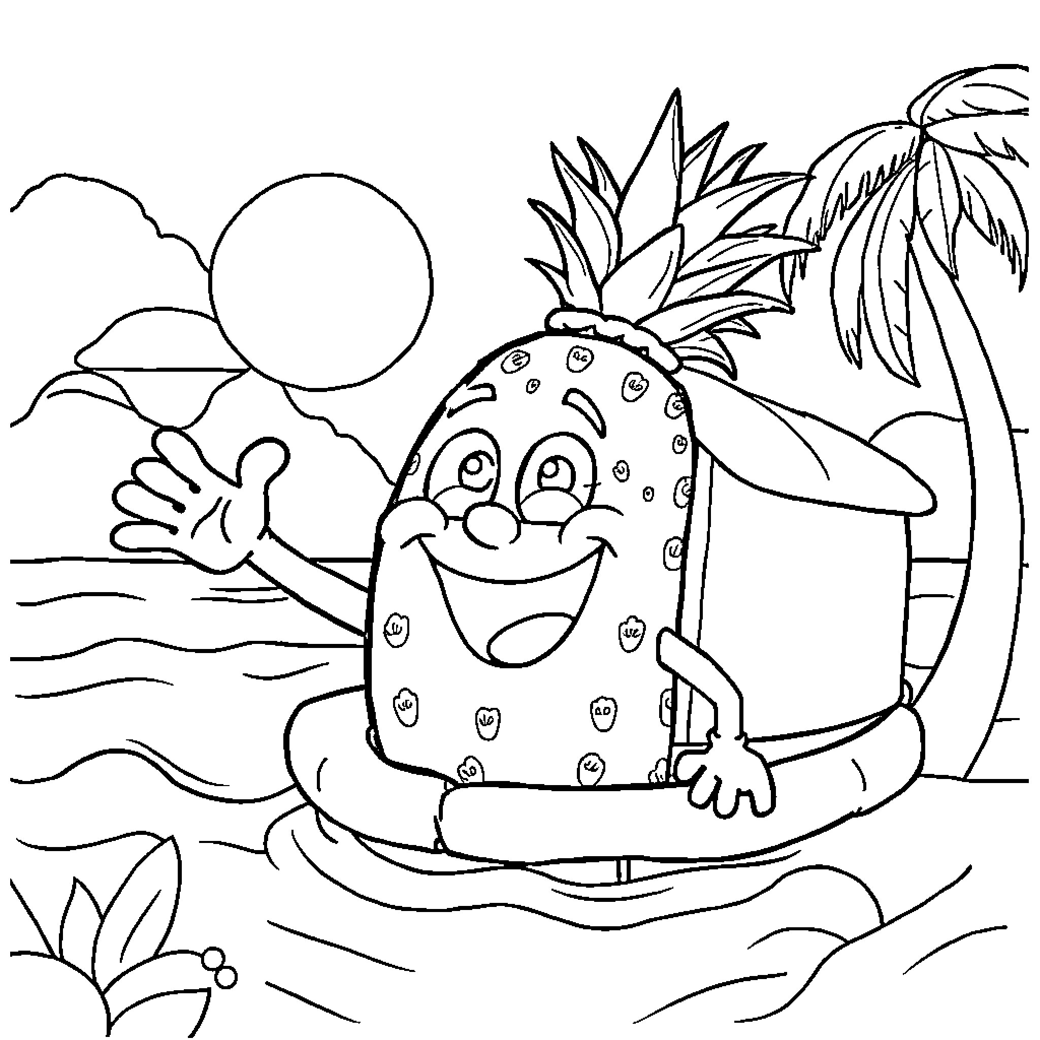 Spongebob enjoying a sunny day at the beach Coloring Page (free black-and-white line drawing printable PDF for all, from beginners to advanced learners, including children, teens, adults, and seniors)