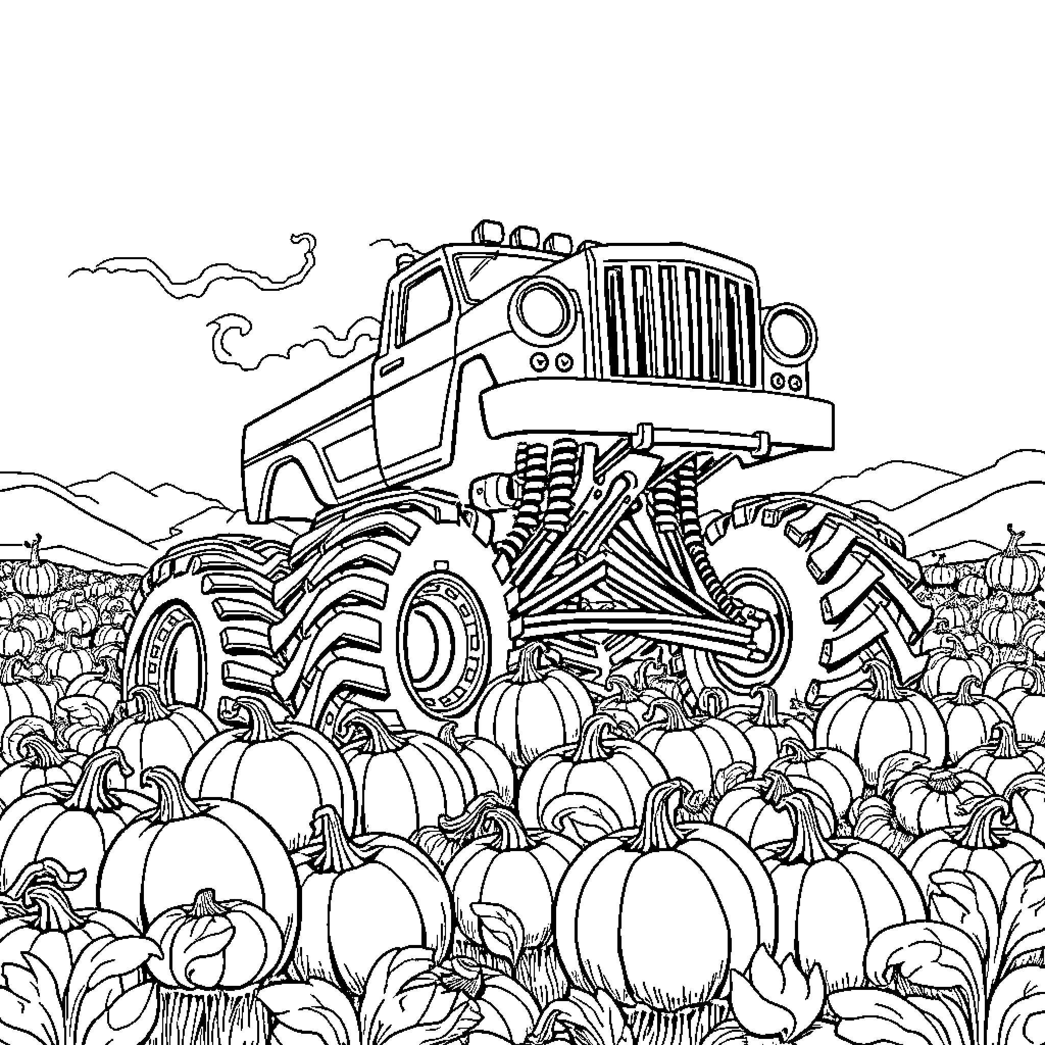 Monster Truck Crushing Pumpkins in the Field Coloring Page (free black-and-white line drawing printable PDF for all, from beginners to advanced learners, including children, teens, adults, and seniors)