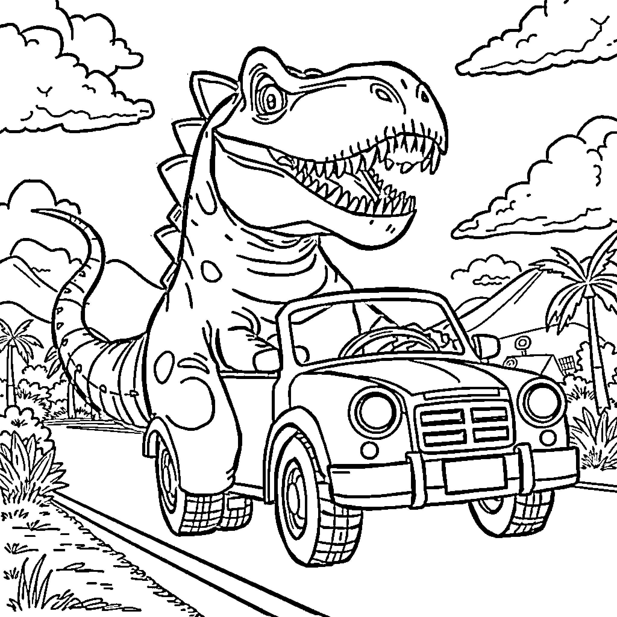 Dinosaur driving a car through a tropical landscape Coloring Page (free black-and-white line drawing printable PDF for all, from beginners to advanced learners, including children, teens, adults, and seniors)