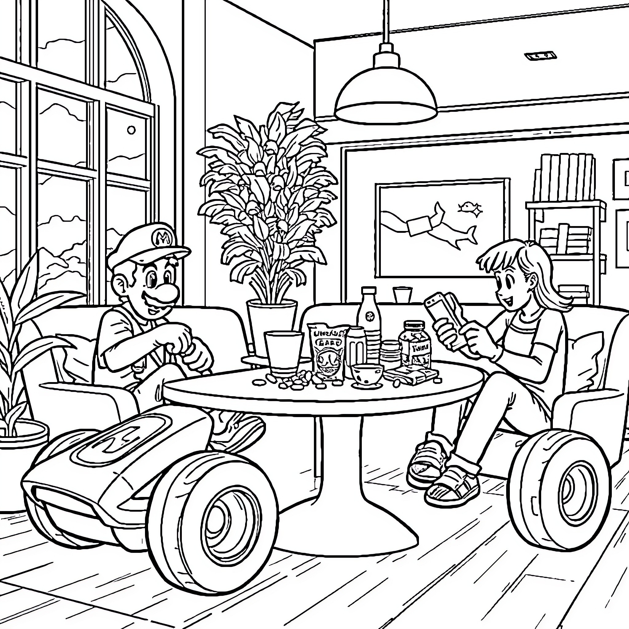 Mario and Friend Relaxing in Cozy Living Room Coloring Page (free black-and-white line drawing printable PDF for all, from beginners to advanced learners, including children, teens, adults, and seniors)
