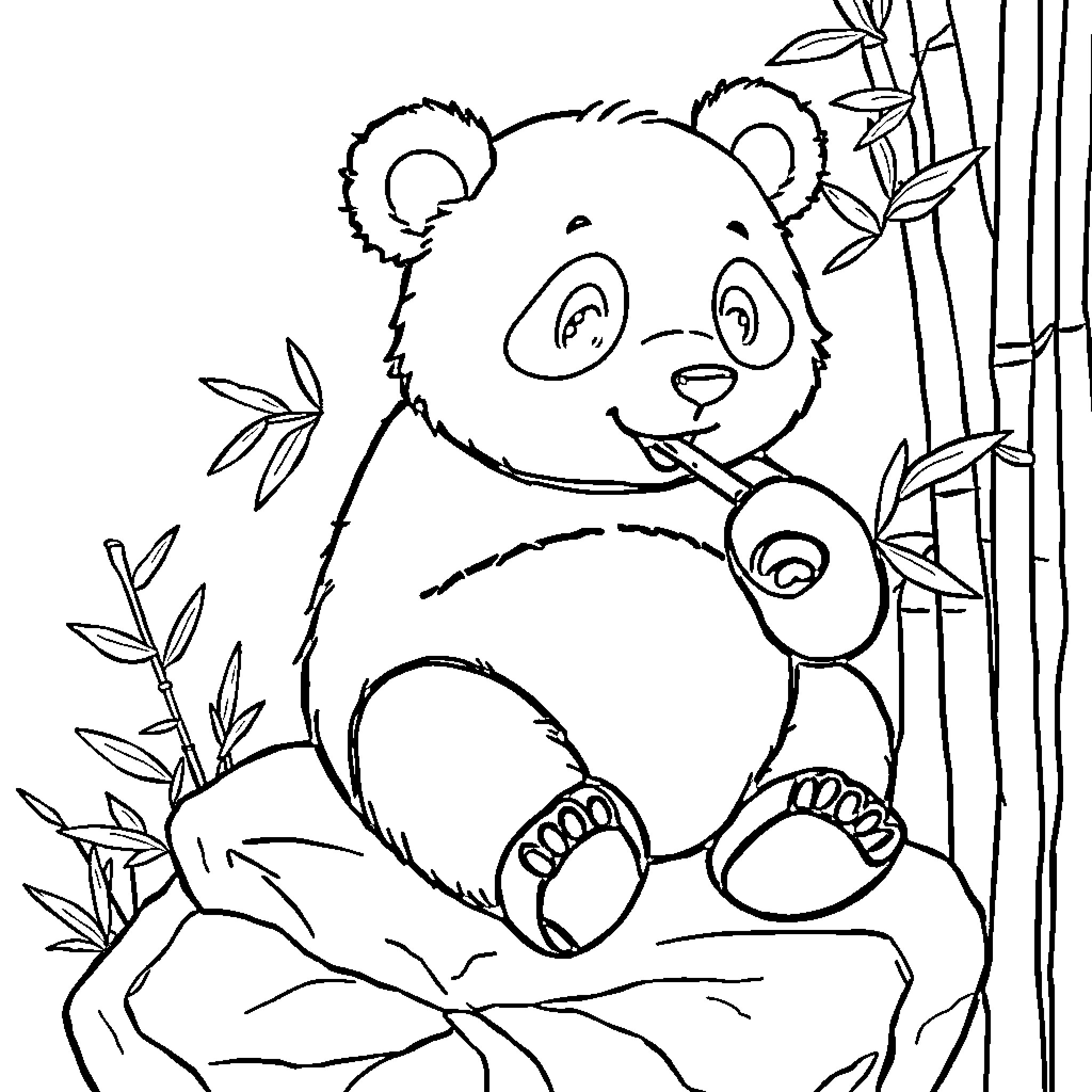 Panda enjoying bamboo in forest Coloring Page (free black-and-white line drawing printable PDF for all, from beginners to advanced learners, including children, teens, adults, and seniors)
